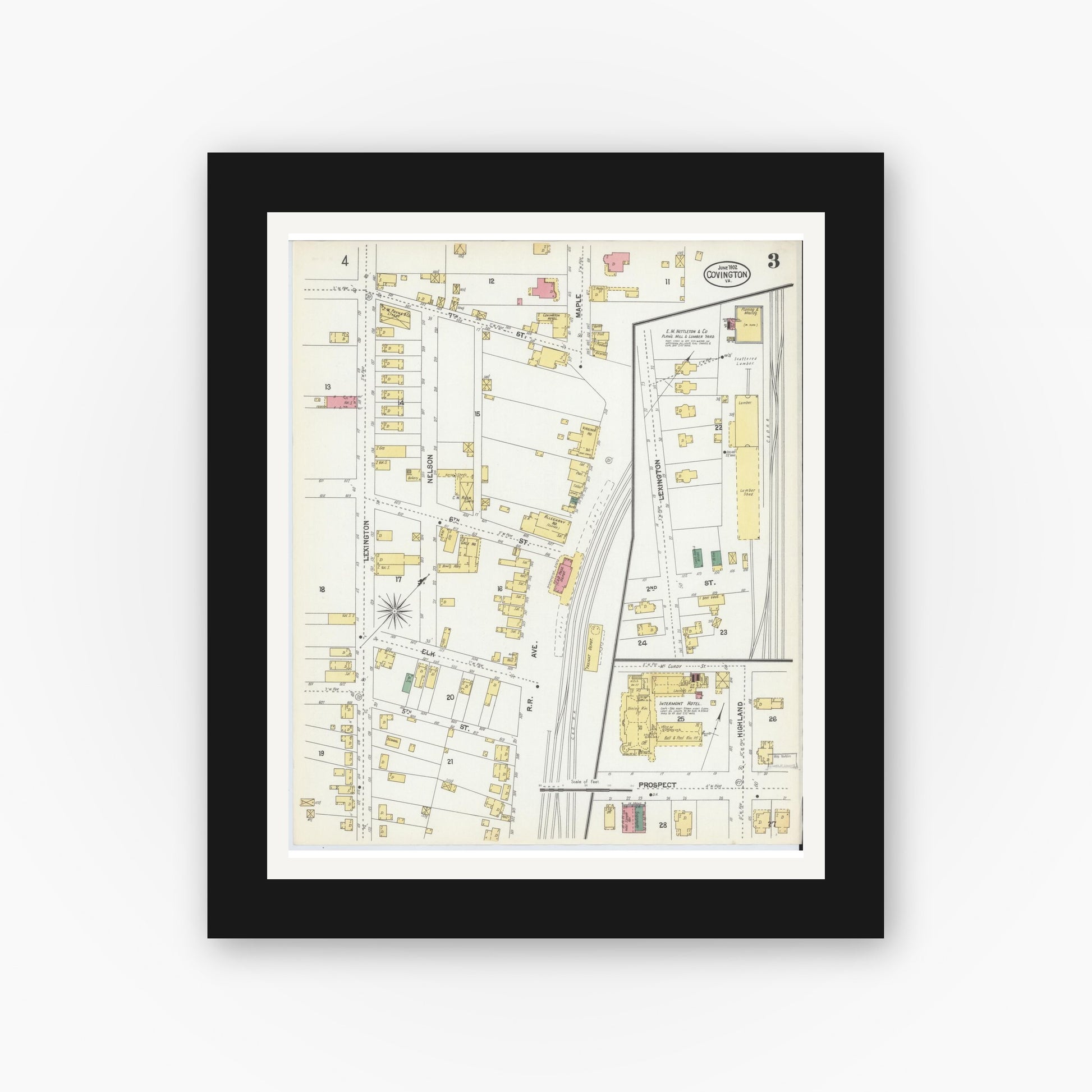 Old map wall art mockup — black gallery frame with white mat — Sanborn Fire Insurance Map from Covington, Independent Cities, Virginia (1902), Sheet #0003