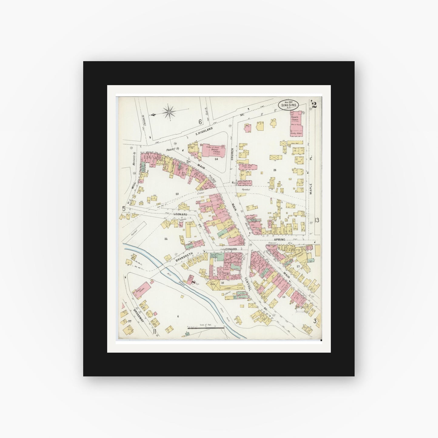 Old map wall art mockup — black gallery frame with white mat — Sanborn Fire Insurance Map from Sing Sing, Westchester County, New York (1897), Sheet #0002
