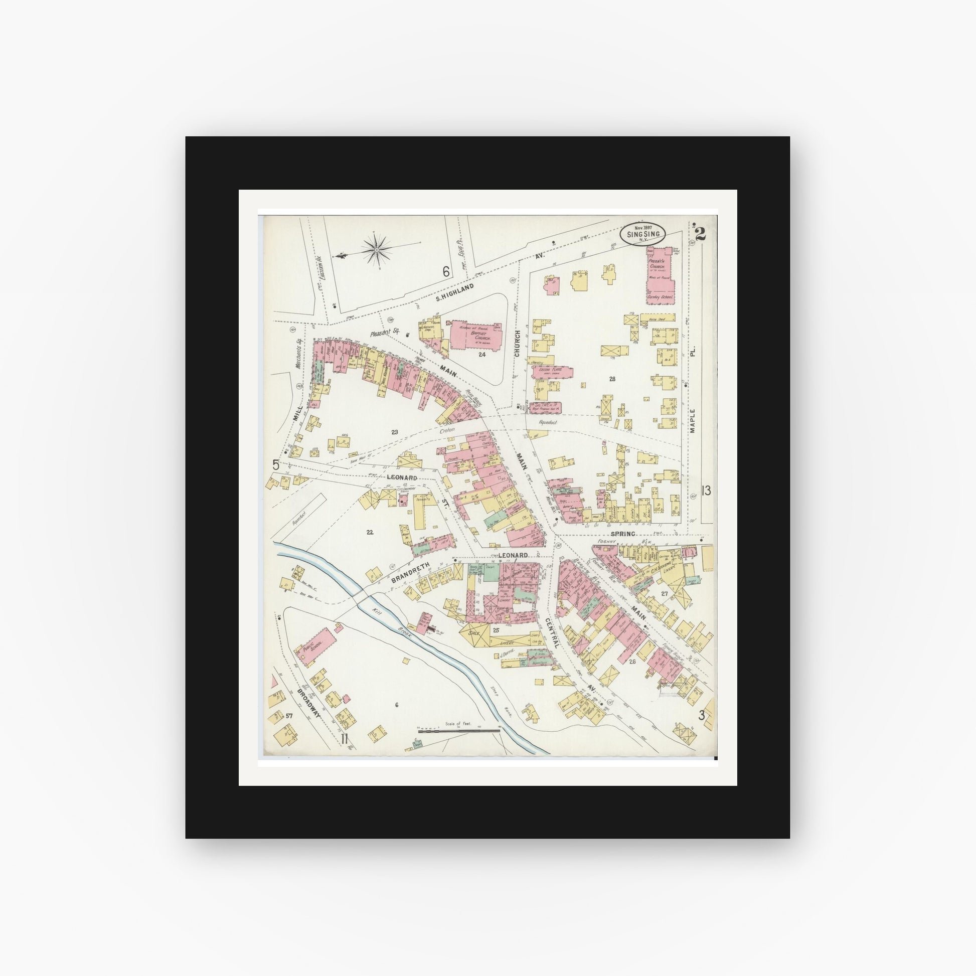 Old map wall art mockup — black gallery frame with white mat — Sanborn Fire Insurance Map from Sing Sing, Westchester County, New York (1897), Sheet #0002