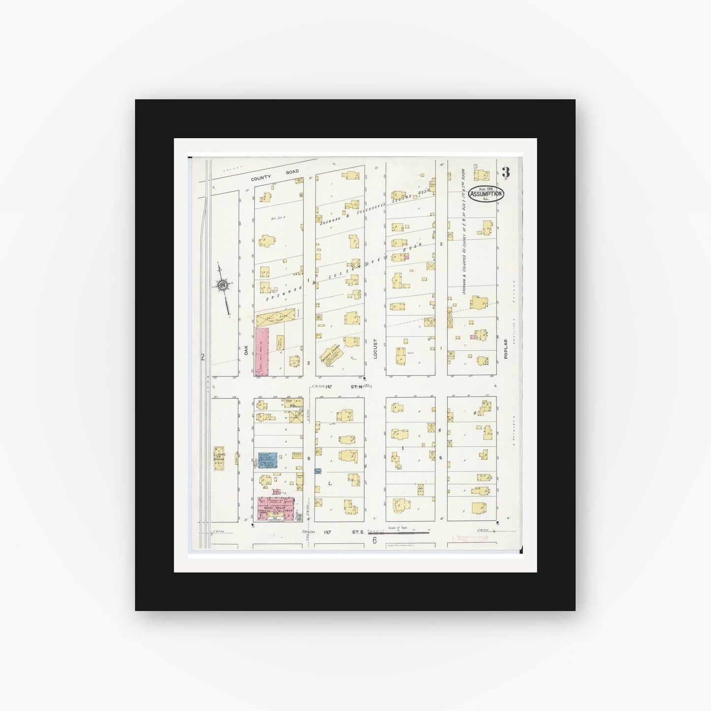 Old map wall art mockup — black gallery frame with white mat — Sanborn Fire Insurance Map from Assumption, Christian County, Illinois (1916), Sheet #0003