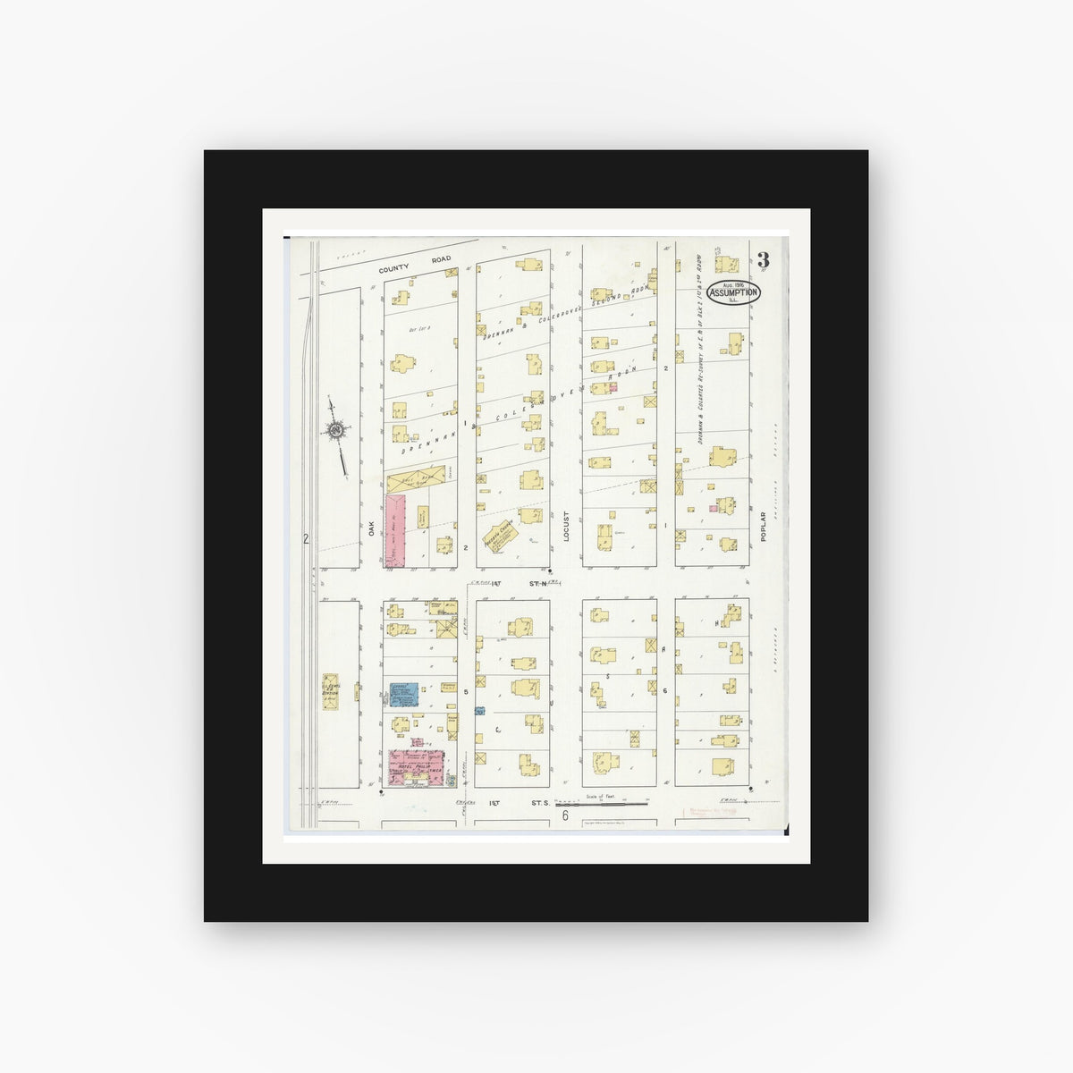Old map wall art mockup — black gallery frame with white mat — Sanborn Fire Insurance Map from Assumption, Christian County, Illinois (1916), Sheet #0003