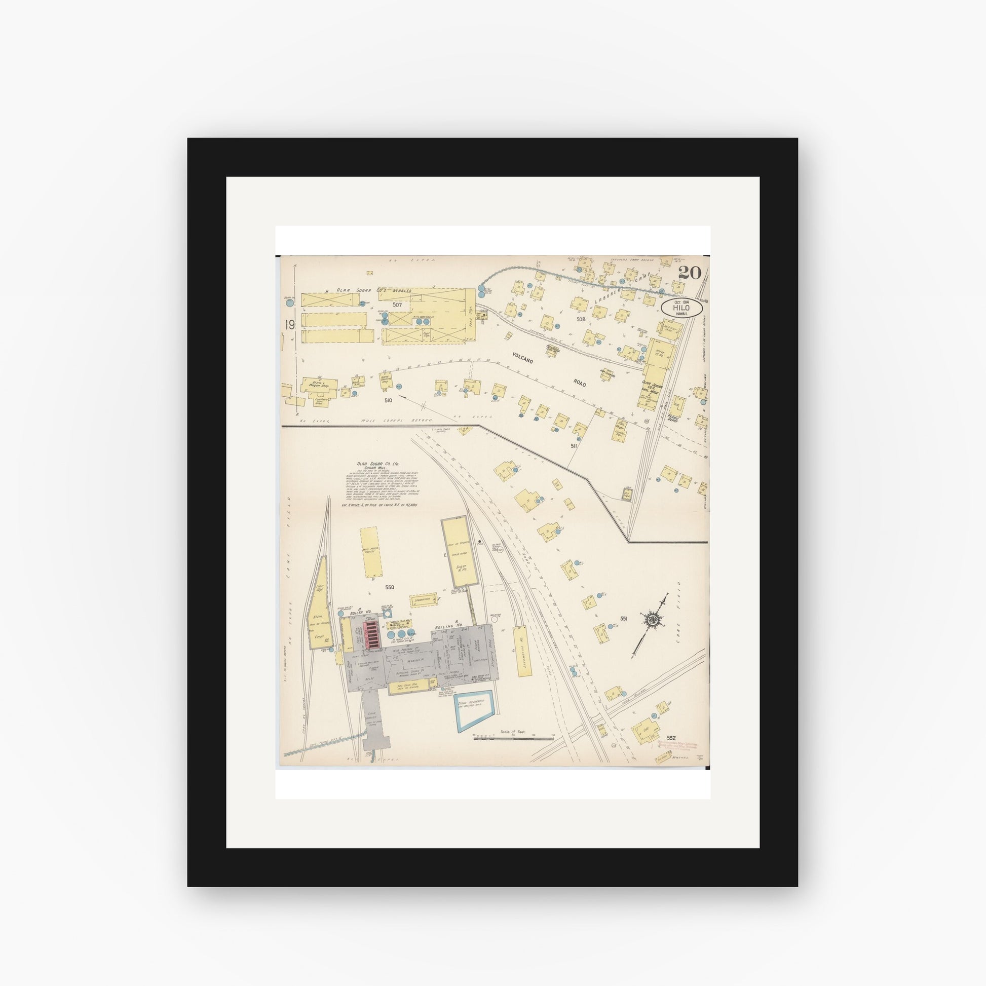 Old map wall art mockup — black gallery frame with white mat — Sanborn Fire Insurance Map from Hilo, Hawaii County, Hawaii (1914), Sheet #0020