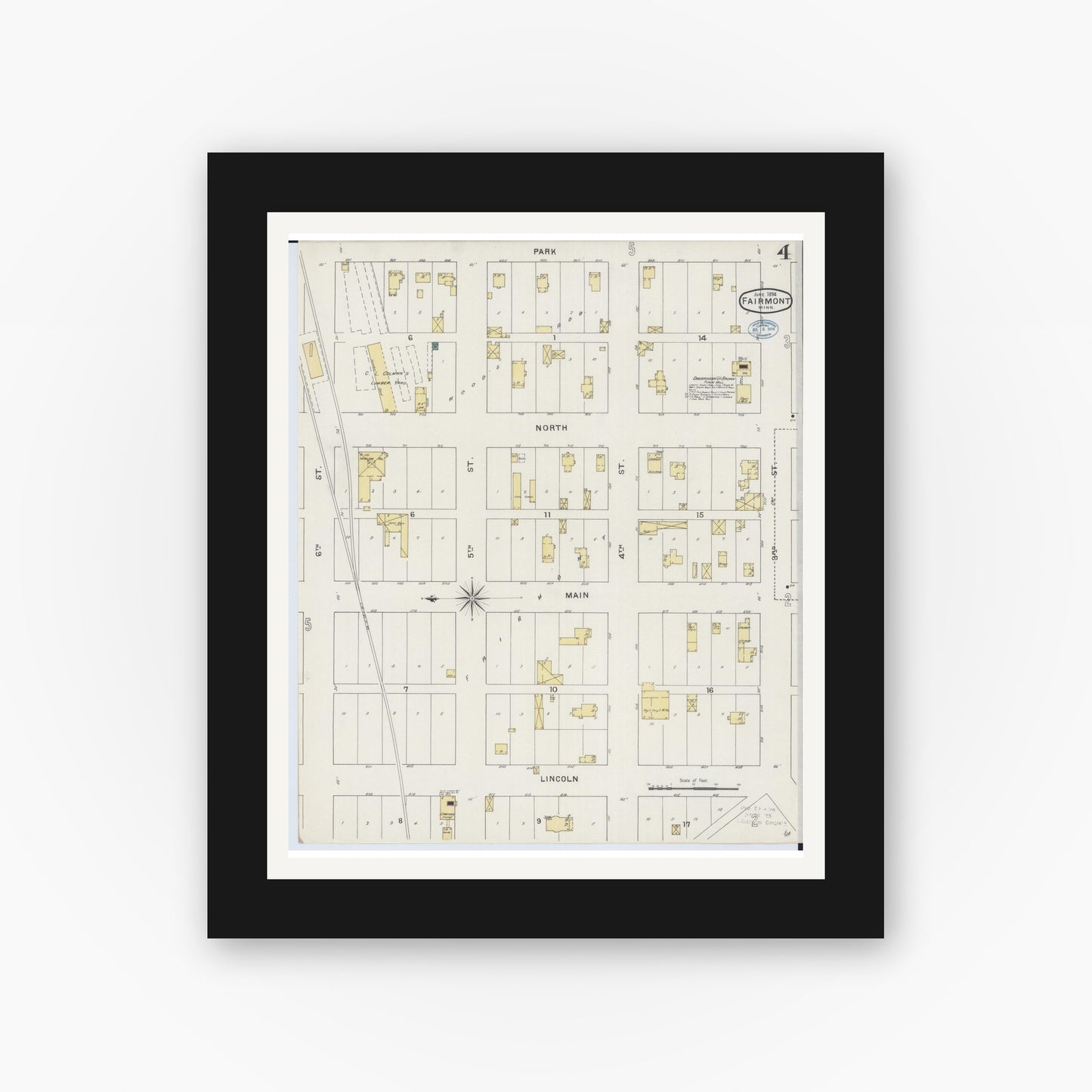 Old map wall art mockup — black gallery frame with white mat — Sanborn Fire Insurance Map from Fairmont, Martin County, Minnesota (1894), Sheet #0004