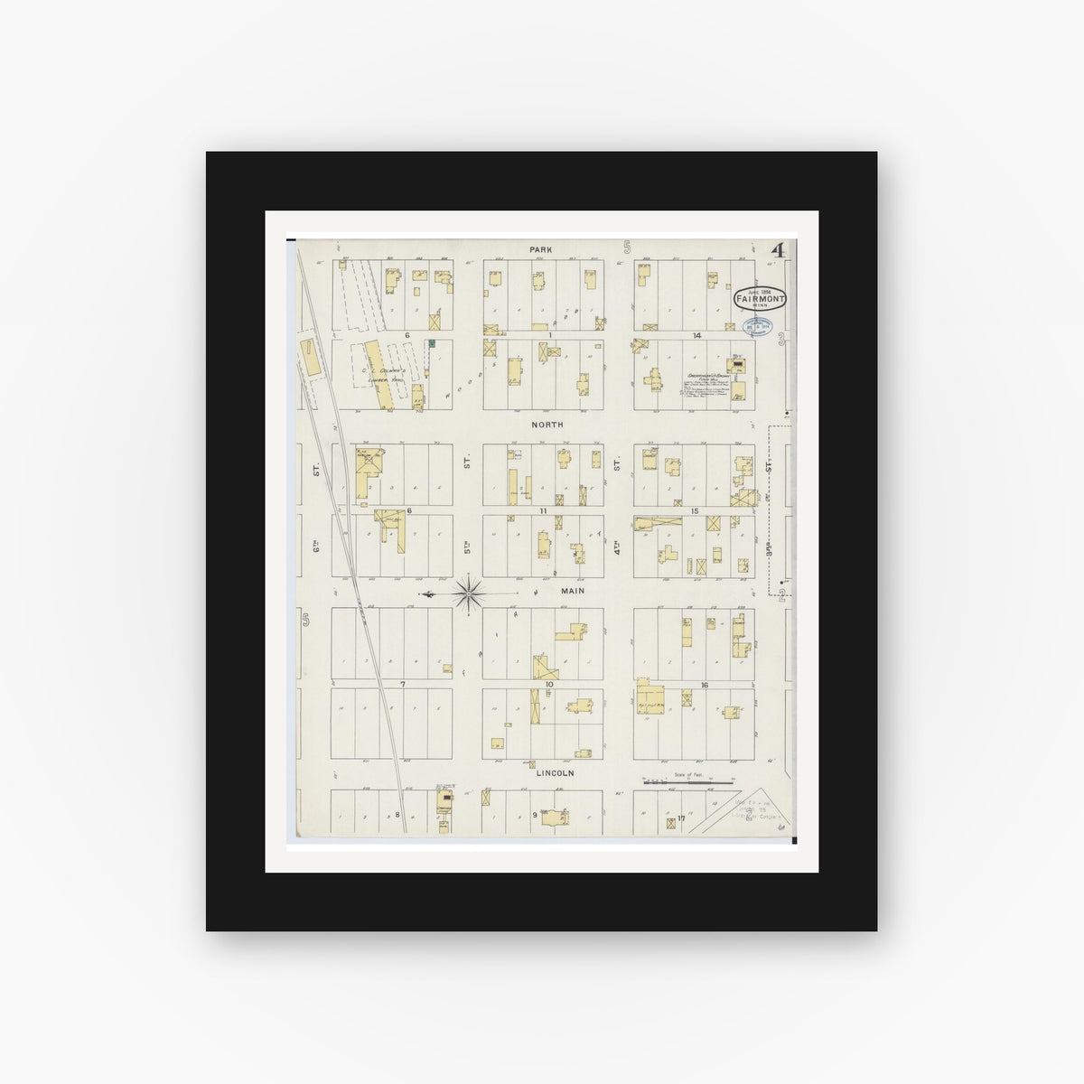 Old map wall art mockup — black gallery frame with white mat — Sanborn Fire Insurance Map from Fairmont, Martin County, Minnesota (1894), Sheet #0004
