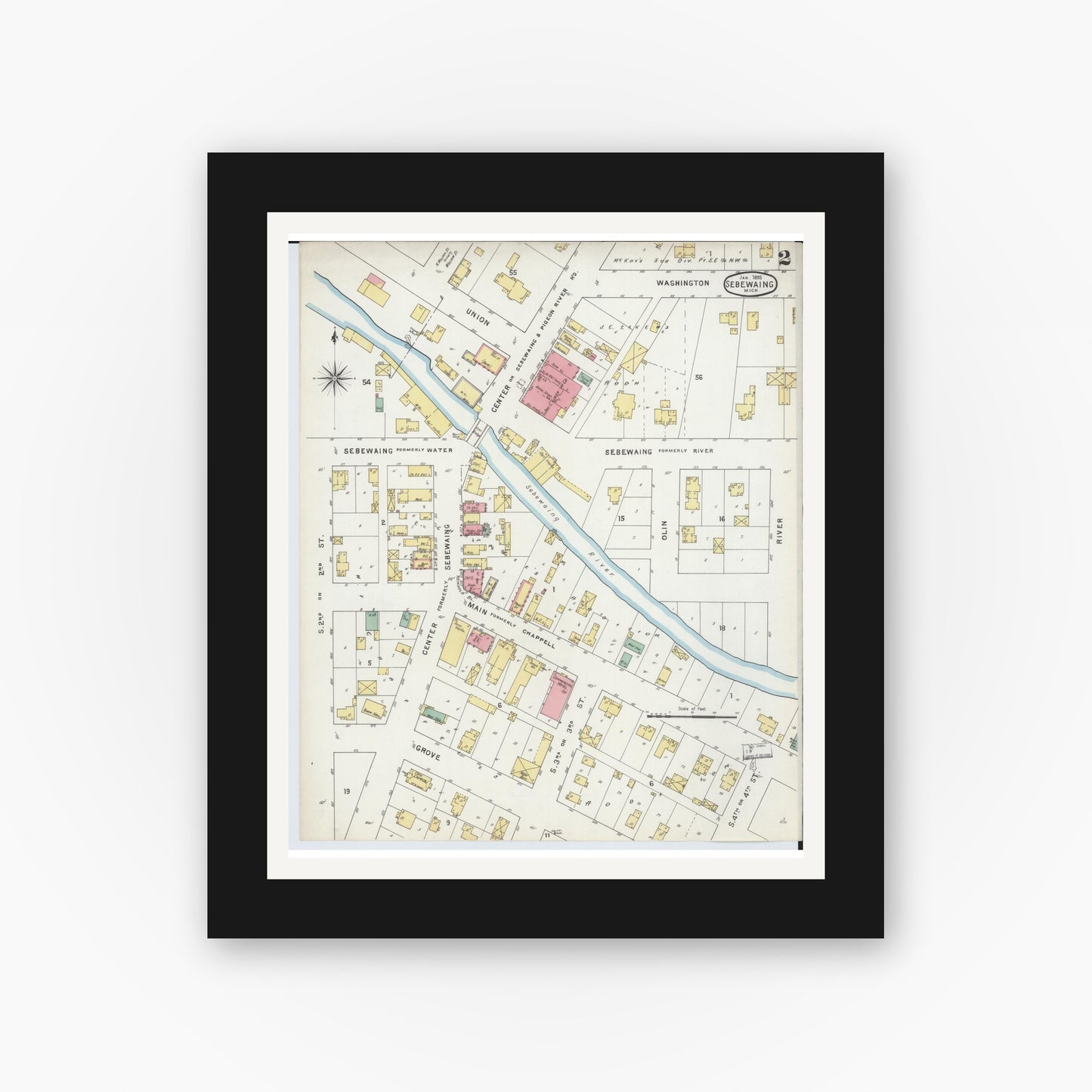 Old map wall art mockup — black gallery frame with white mat — Sanborn Fire Insurance Map from Sebewaing, Huron County, Michigan (1895), Sheet #0002