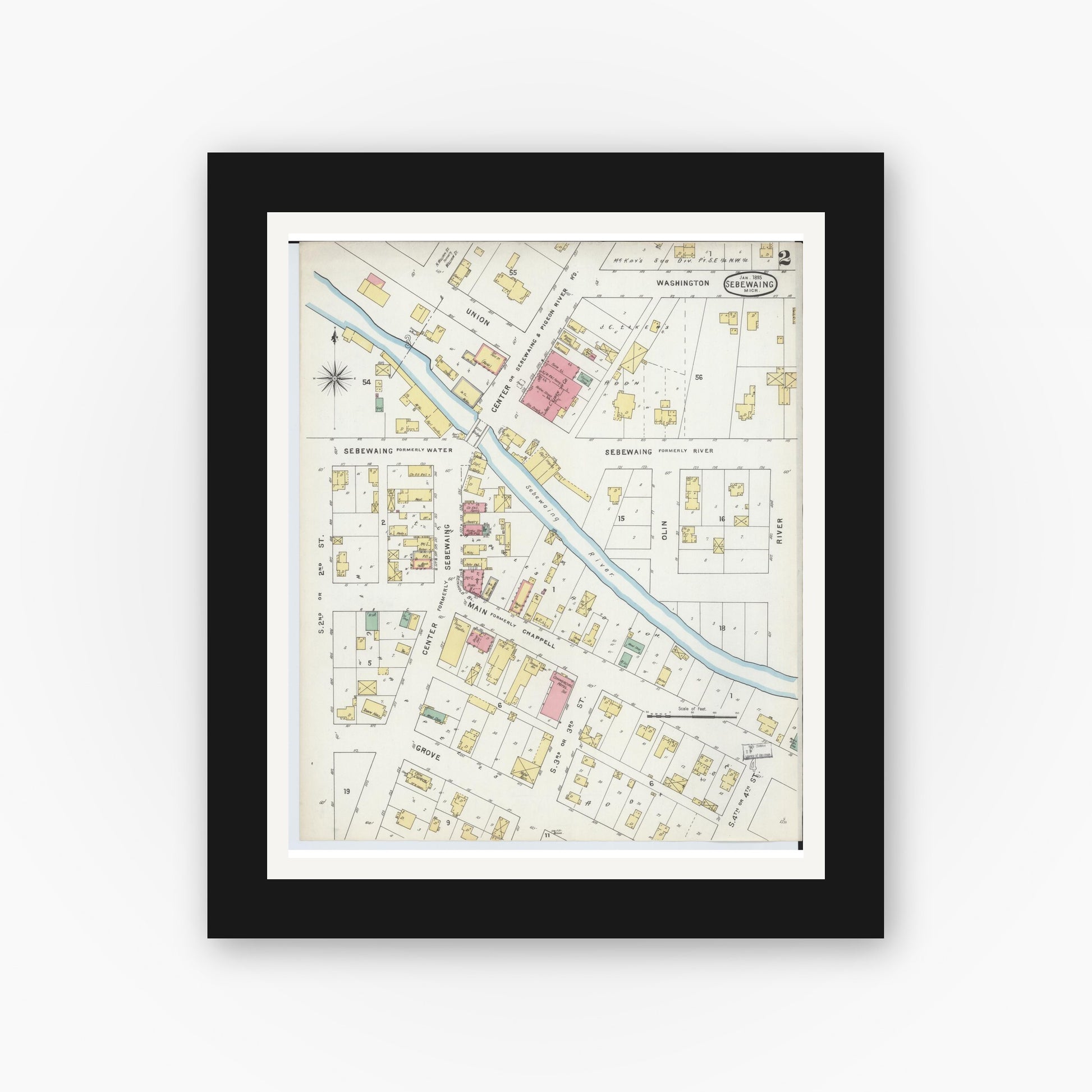 Old map wall art mockup — black gallery frame with white mat — Sanborn Fire Insurance Map from Sebewaing, Huron County, Michigan (1895), Sheet #0002