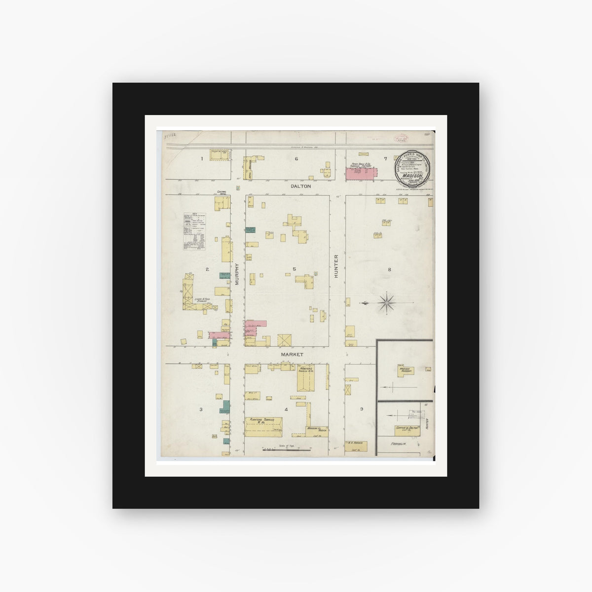 Old map wall art mockup — black gallery frame with white mat — Sanborn Fire Insurance Map from Madison, Rockingham County, North Carolina (1893), Sheet #0001