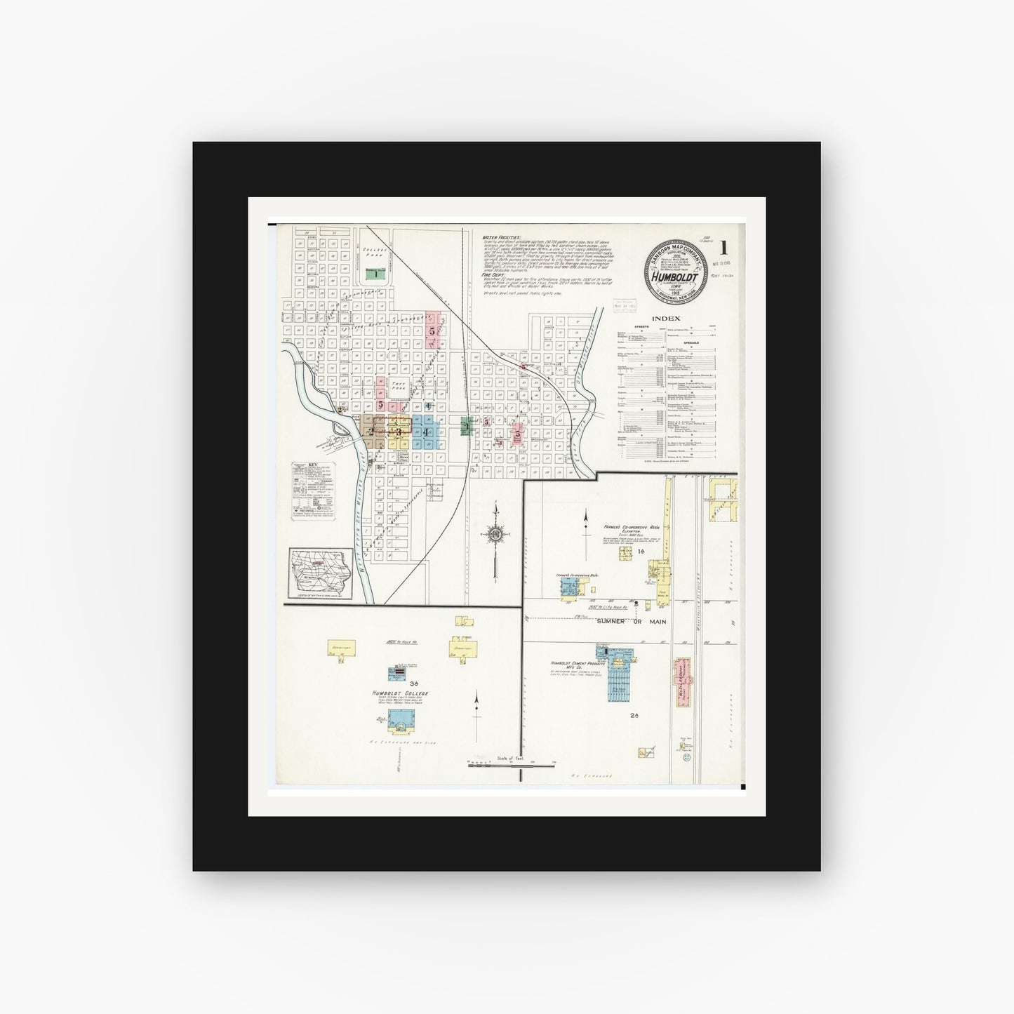 Old map wall art mockup — black gallery frame with white mat — Sanborn Fire Insurance Map from Humboldt, Humboldt County, Iowa (1915) â€” Complete Set