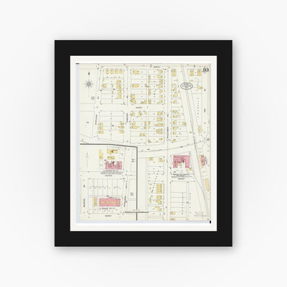Old map wall art mockup — black gallery frame with white mat — Sanborn Fire Insurance Map from Sidney, Shelby County, Ohio (1898), Sheet #0010