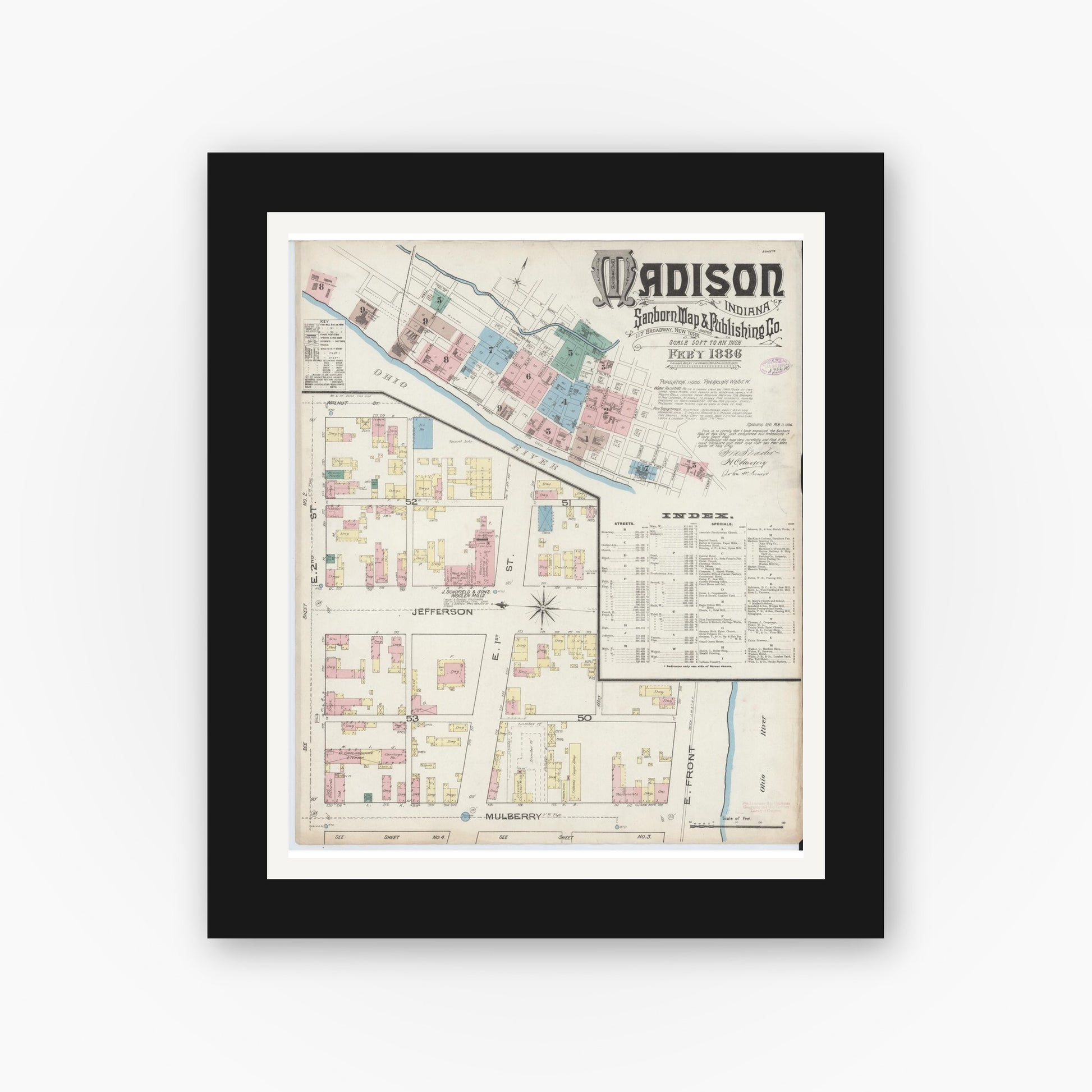 Old map wall art mockup — black gallery frame with white mat — Sanborn Fire Insurance Map from Madison, Jefferson County, Indiana (1886) - Complete Map Set