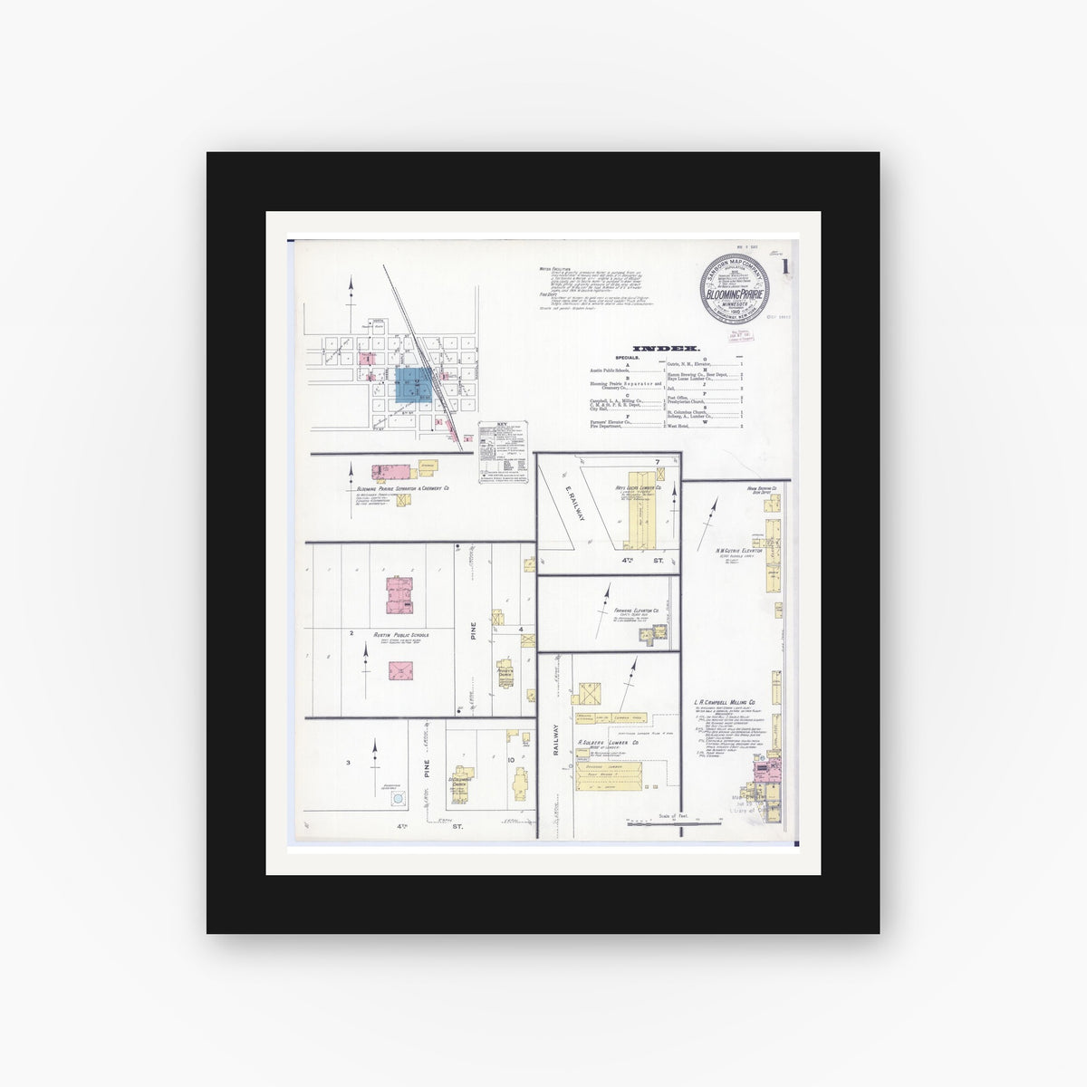 Old map wall art mockup — black gallery frame with white mat — Sanborn Fire Insurance Map from Blooming Prairie, Steele County, Minnesota (1910) - Complete Map Set