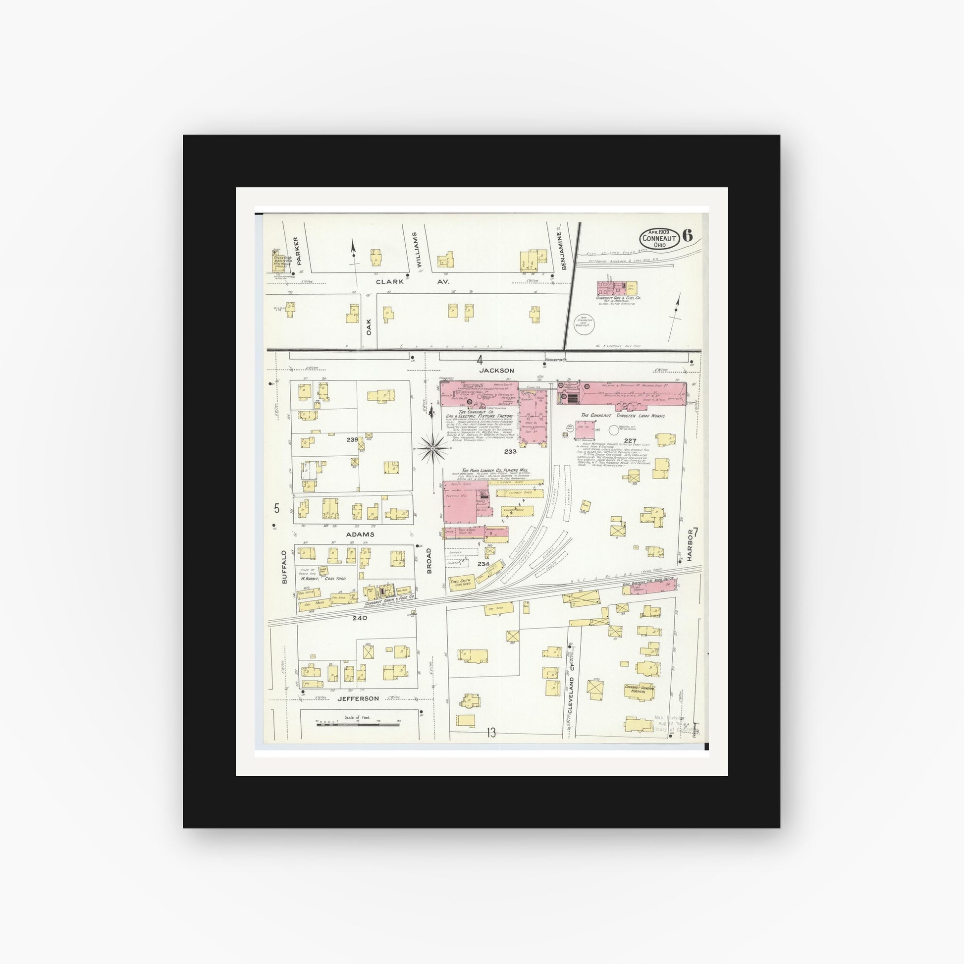 Old map wall art mockup — black gallery frame with white mat — Sanborn Fire Insurance Map from Conneaut, Ashtabula County, Ohio (1909), Sheet #0006