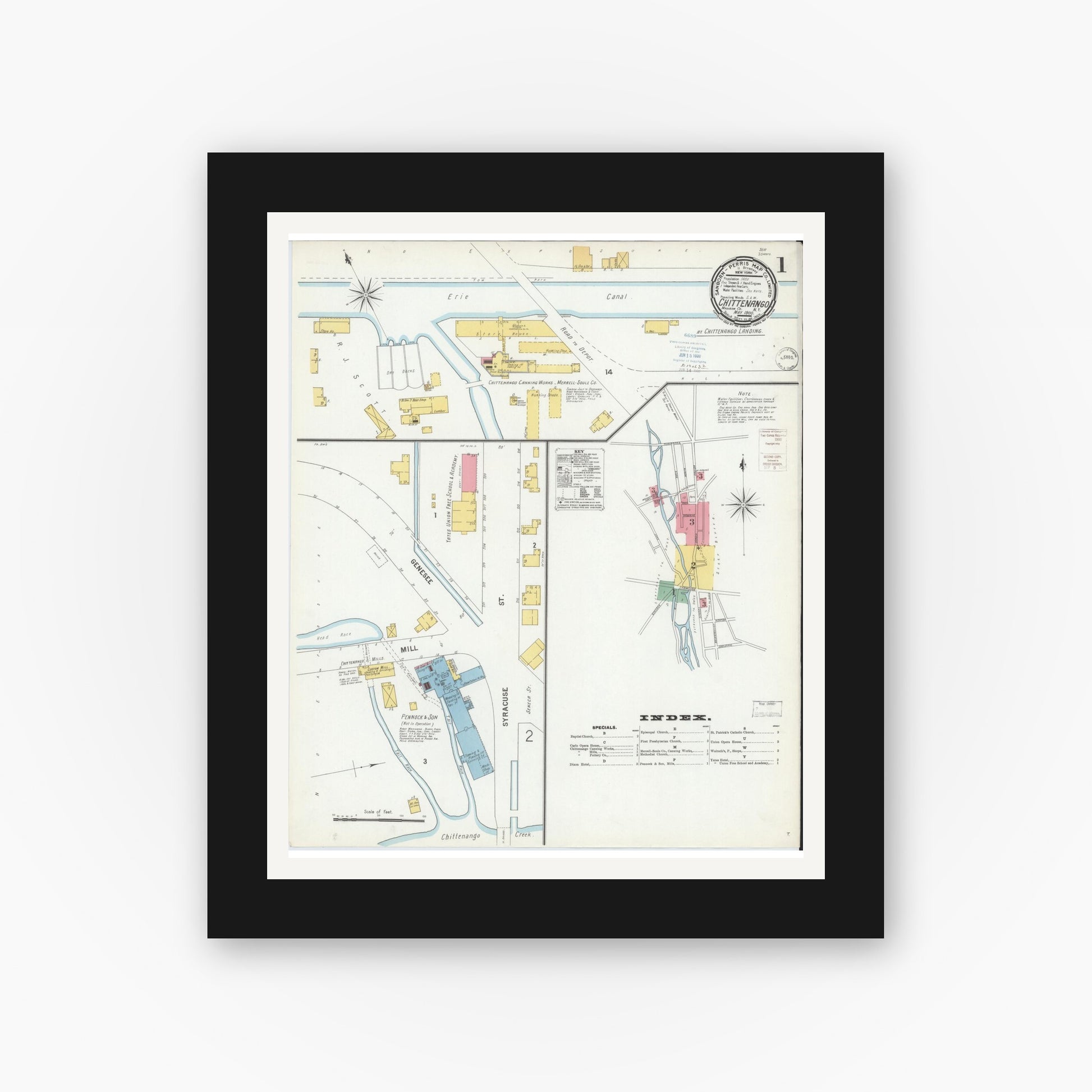 Old map wall art mockup — black gallery frame with white mat — Sanborn Fire Insurance Map from Chittenango, Madison County, New York (1900) - Complete Map Set