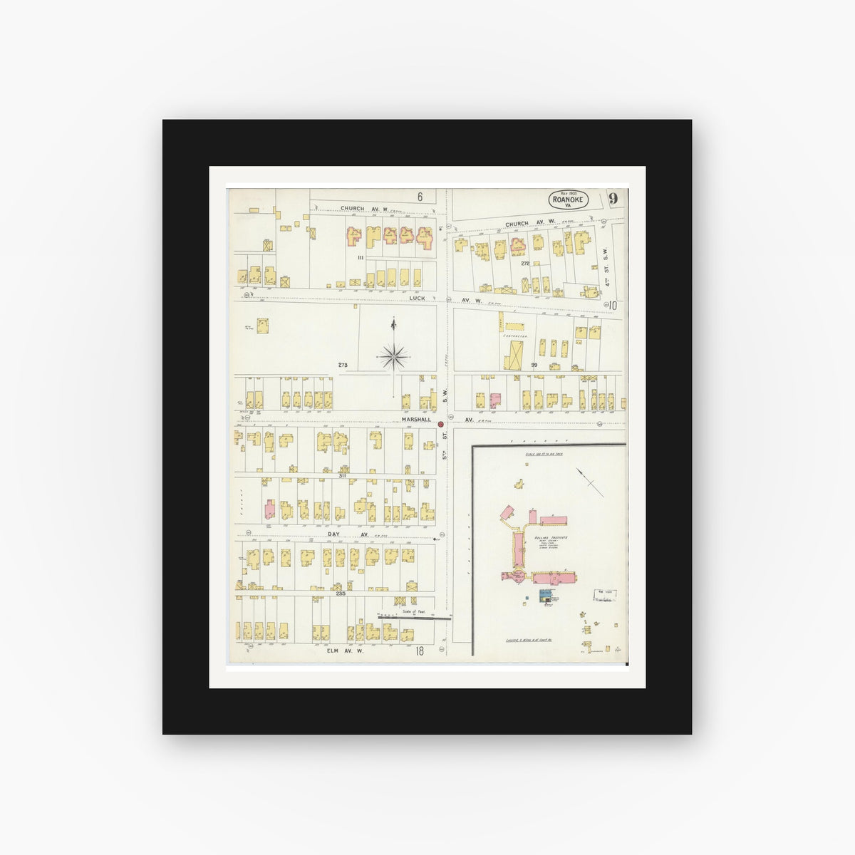 Old map wall art mockup — black gallery frame with white mat — Sanborn Fire Insurance Map from Roanoke, Independent Cities, Virginia (1903), Sheet #0009