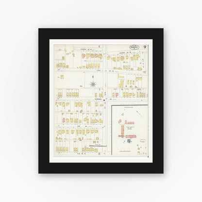 Old map wall art mockup — black gallery frame with white mat — Sanborn Fire Insurance Map from Roanoke, Independent Cities, Virginia (1903), Sheet #0009