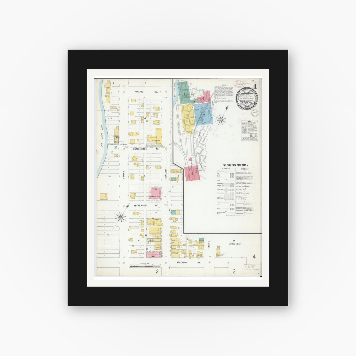 Old map wall art mockup — black gallery frame with white mat — Sanborn Fire Insurance Map from Ortonville, Big Stone County, Minnesota (1899) - Complete Map Set