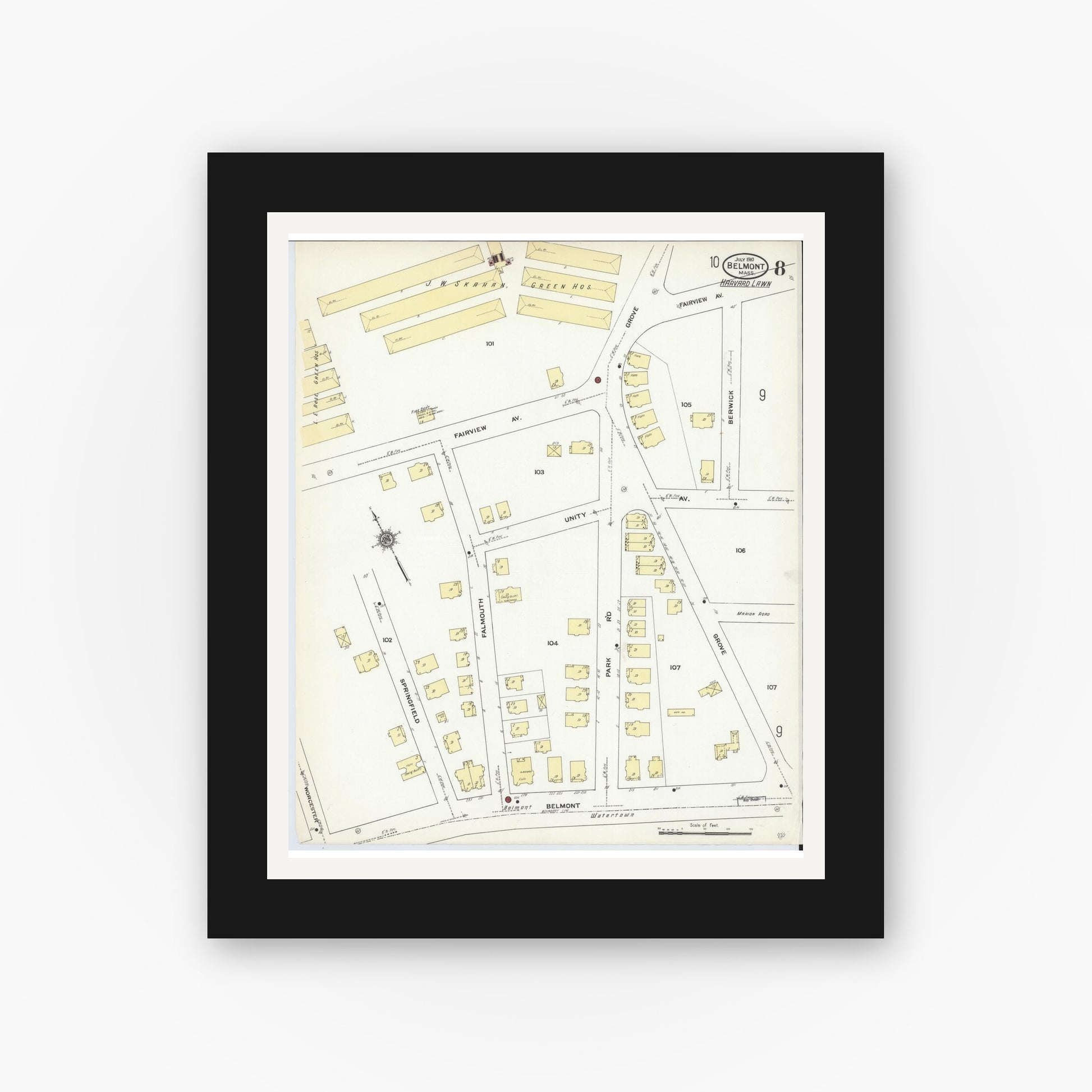 Old map wall art mockup — black gallery frame with white mat — Sanborn Fire Insurance Map from Belmont, Middlesex County, Massachusetts (1910), Sheet #0008