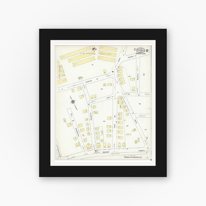 Old map wall art mockup — black gallery frame with white mat — Sanborn Fire Insurance Map from Belmont, Middlesex County, Massachusetts (1910), Sheet #0008