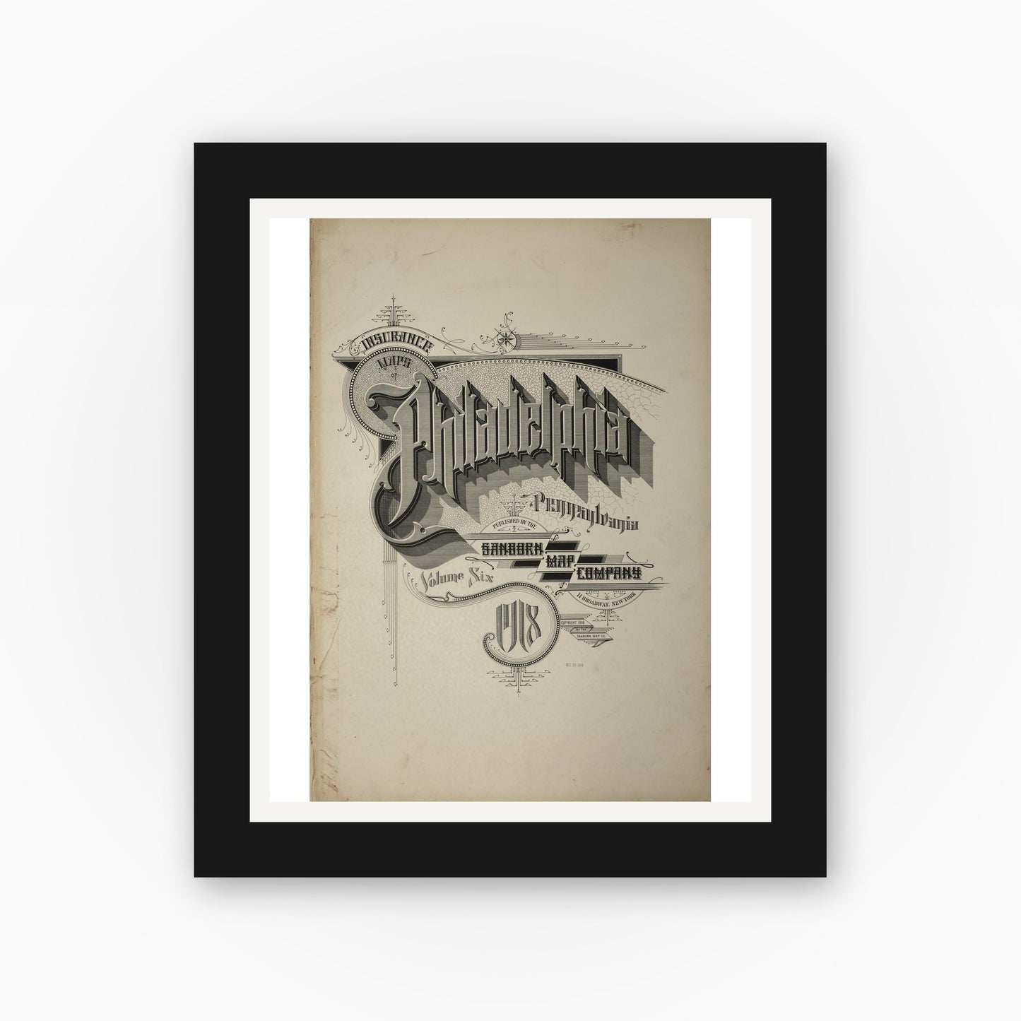 Old map wall art mockup — black gallery frame with white mat — Sanborn Fire Insurance Map from Philadelphia, Philadelphia County, Pennsylvania (1918), Sheet #0001