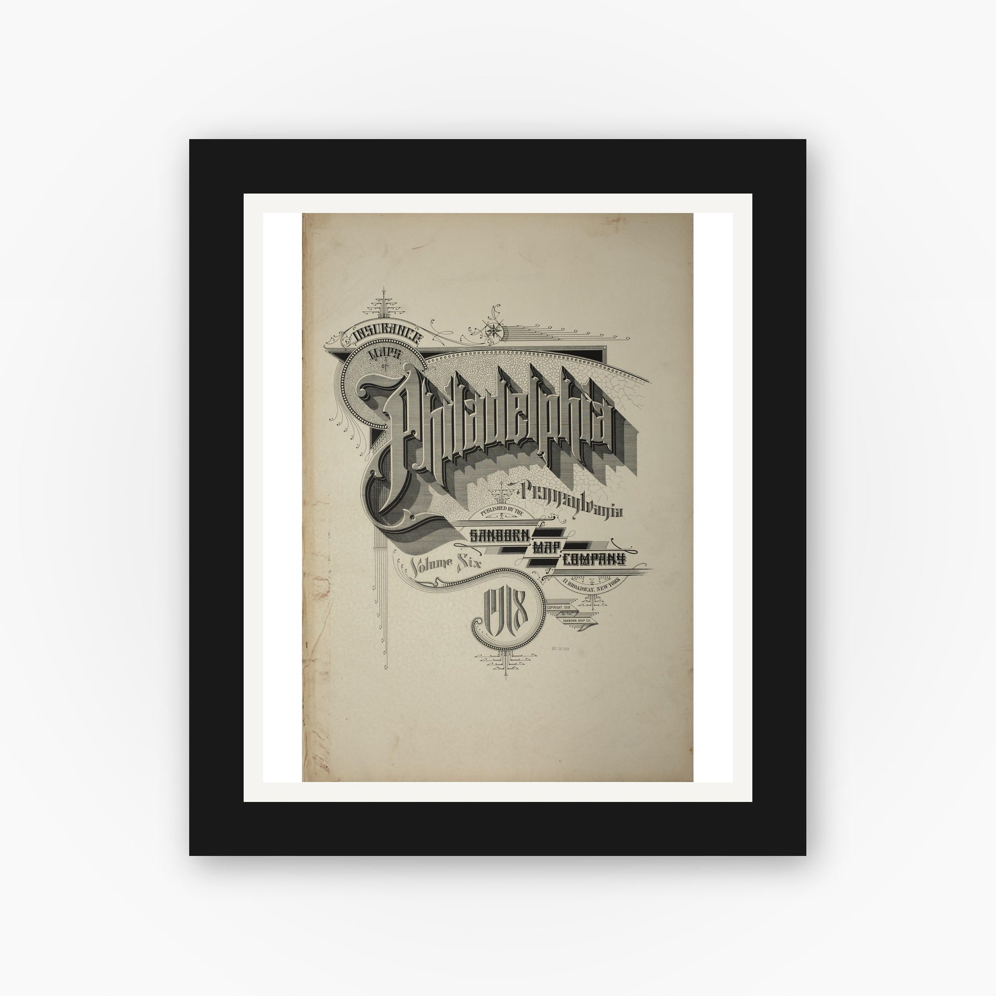 Old map wall art mockup — black gallery frame with white mat — Sanborn Fire Insurance Map from Philadelphia, Philadelphia County, Pennsylvania (1918), Sheet #0001