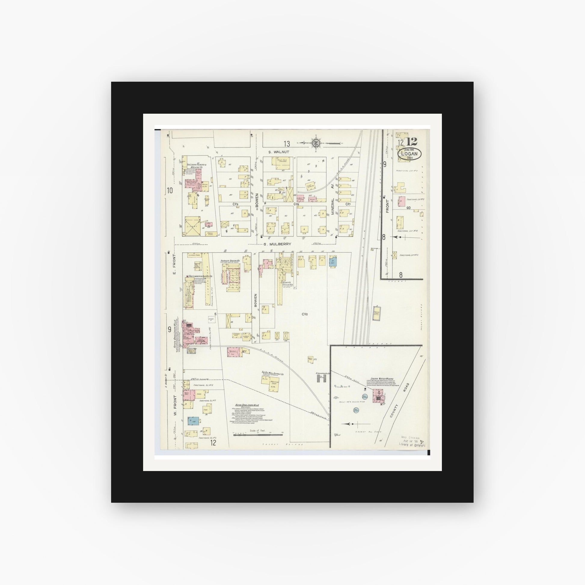Old map wall art mockup — black gallery frame with white mat — Sanborn Fire Insurance Map from Logan, Hocking County, Ohio (1914), Sheet #0012