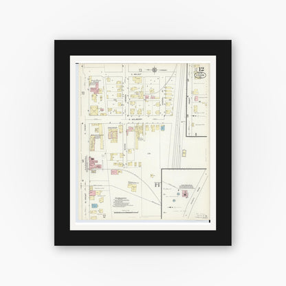 Old map wall art mockup — black gallery frame with white mat — Sanborn Fire Insurance Map from Logan, Hocking County, Ohio (1914), Sheet #0012