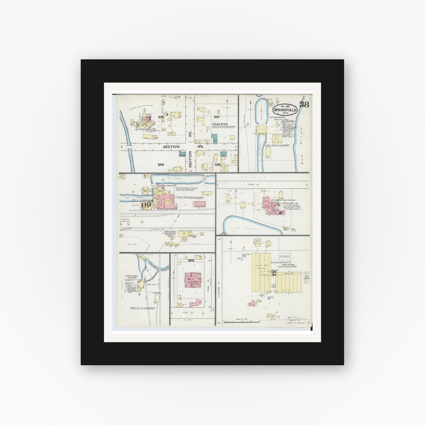 Old map wall art mockup — black gallery frame with white mat — Sanborn Fire Insurance Map from Springfield, Clark County, Ohio (1891), Sheet #0038
