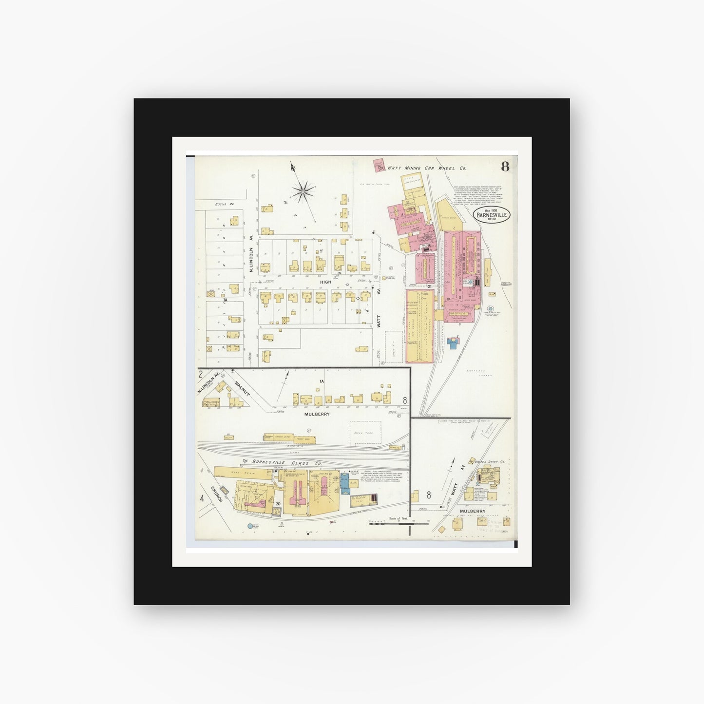 Old map wall art mockup — black gallery frame with white mat — Sanborn Fire Insurance Map from Barnesville, Belmont County, Ohio (1908), Sheet #0008