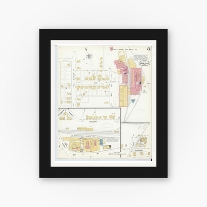 Old map wall art mockup — black gallery frame with white mat — Sanborn Fire Insurance Map from Barnesville, Belmont County, Ohio (1908), Sheet #0008
