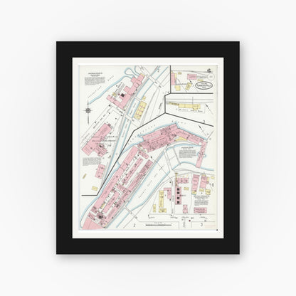 Old map wall art mockup — black gallery frame with white mat — Sanborn Fire Insurance Map from Turners Falls, Franklin County, Massachusetts (1914), Sheet #0006