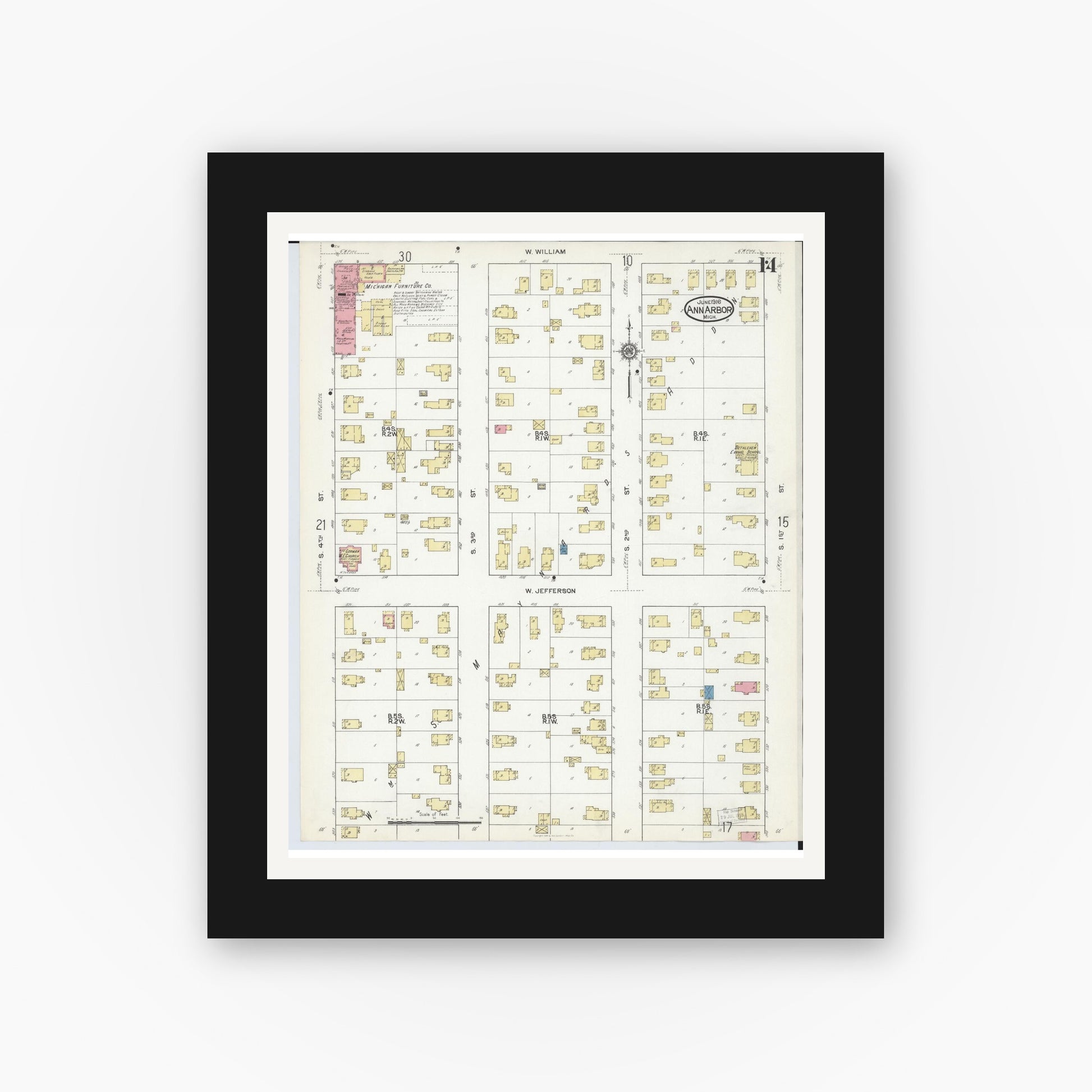 Old map wall art mockup — black gallery frame with white mat — Sanborn Fire Insurance Map from Ann Arbor, Washtenaw County, Michigan (1916), Sheet #0014