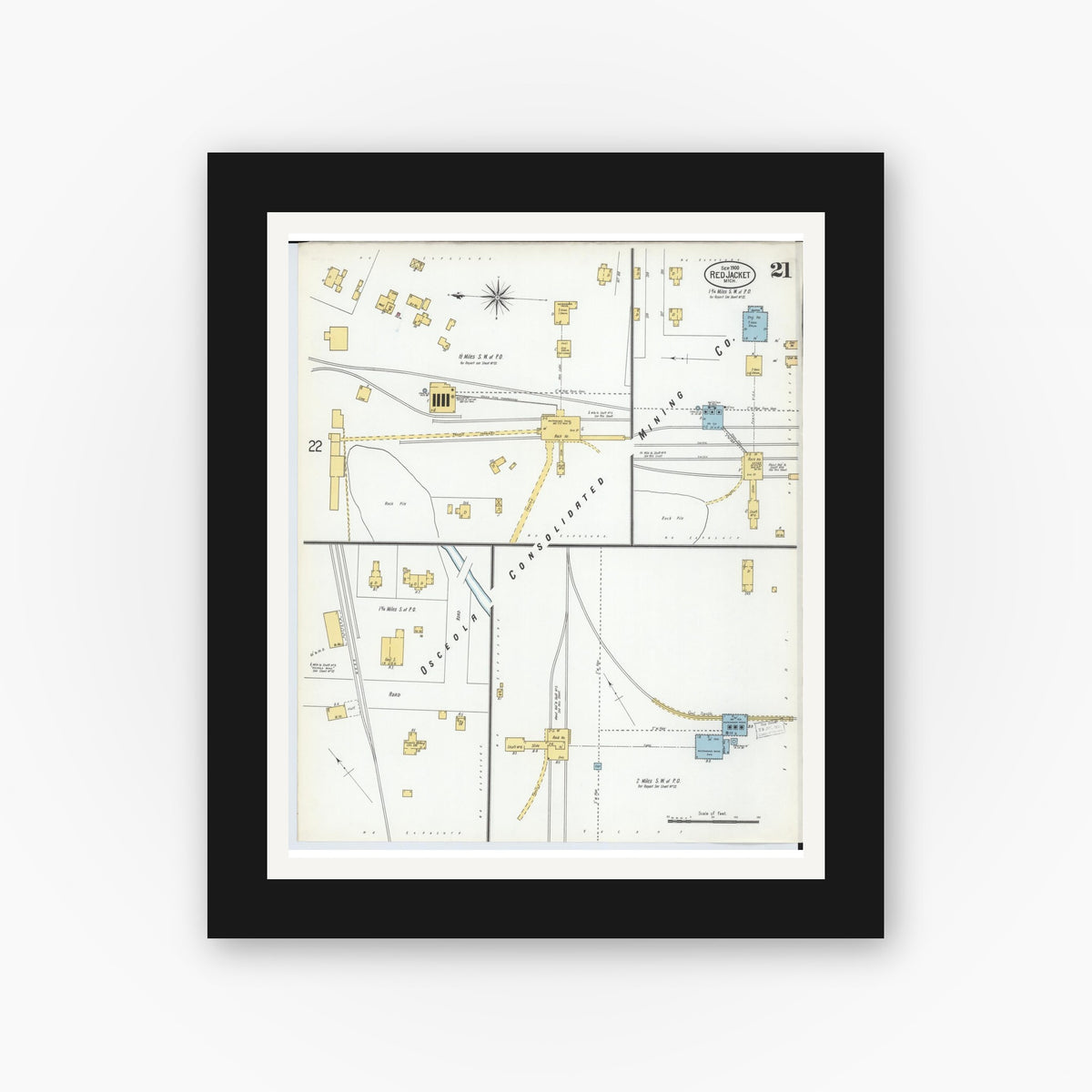 Old map wall art mockup — black gallery frame with white mat — Sanborn Fire Insurance Map from Red Jacket, Houghton County, Michigan (1900), Sheet #0021