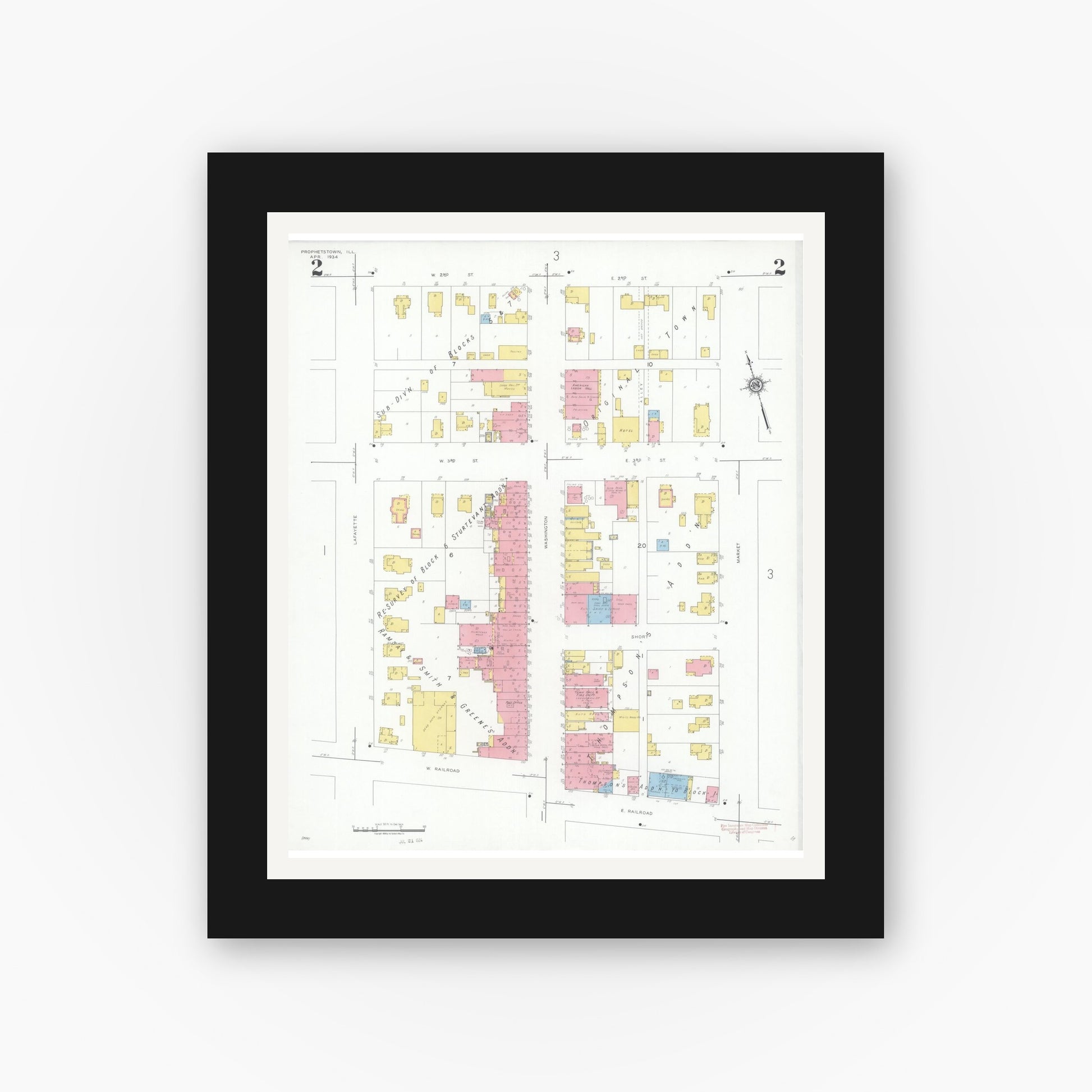 Old map wall art mockup — black gallery frame with white mat — Sanborn Fire Insurance Map from Prophetstown, Whiteside County, Illinois (1934), Sheet #0002