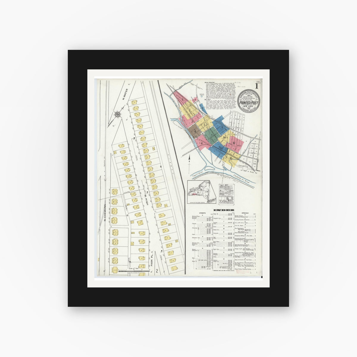 Old map wall art mockup — black gallery frame with white mat — Sanborn Fire Insurance Map from Painted Post, Steuben County, New York (1921) - Complete Map Set