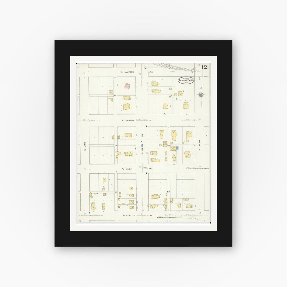 Old map wall art mockup — black gallery frame with white mat — Sanborn Fire Insurance Map from Fergus Falls, Otter Tail County, Minnesota (1909), Sheet #0012