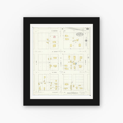 Old map wall art mockup — black gallery frame with white mat — Sanborn Fire Insurance Map from Fergus Falls, Otter Tail County, Minnesota (1909), Sheet #0012