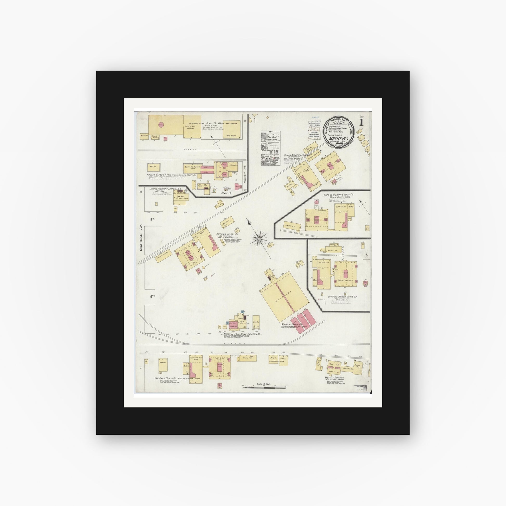 Old map wall art mockup — black gallery frame with white mat — Sanborn Fire Insurance Map from Matthews, Grant County, Indiana (1900) - Complete Map Set