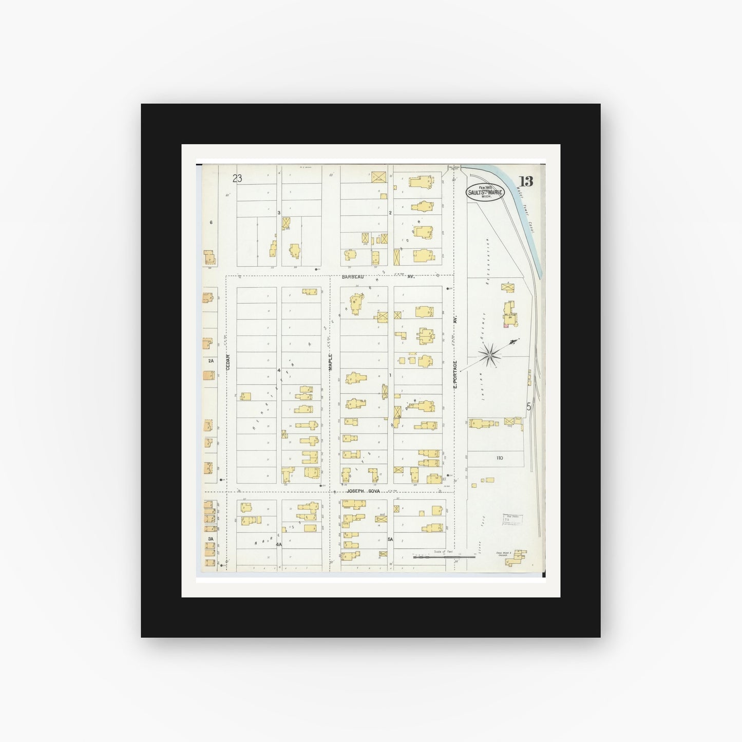 Old map wall art mockup — black gallery frame with white mat — Sanborn Fire Insurance Map from Sault Sainte Marie, Chippewa County, Michigan (1902), Sheet #0013