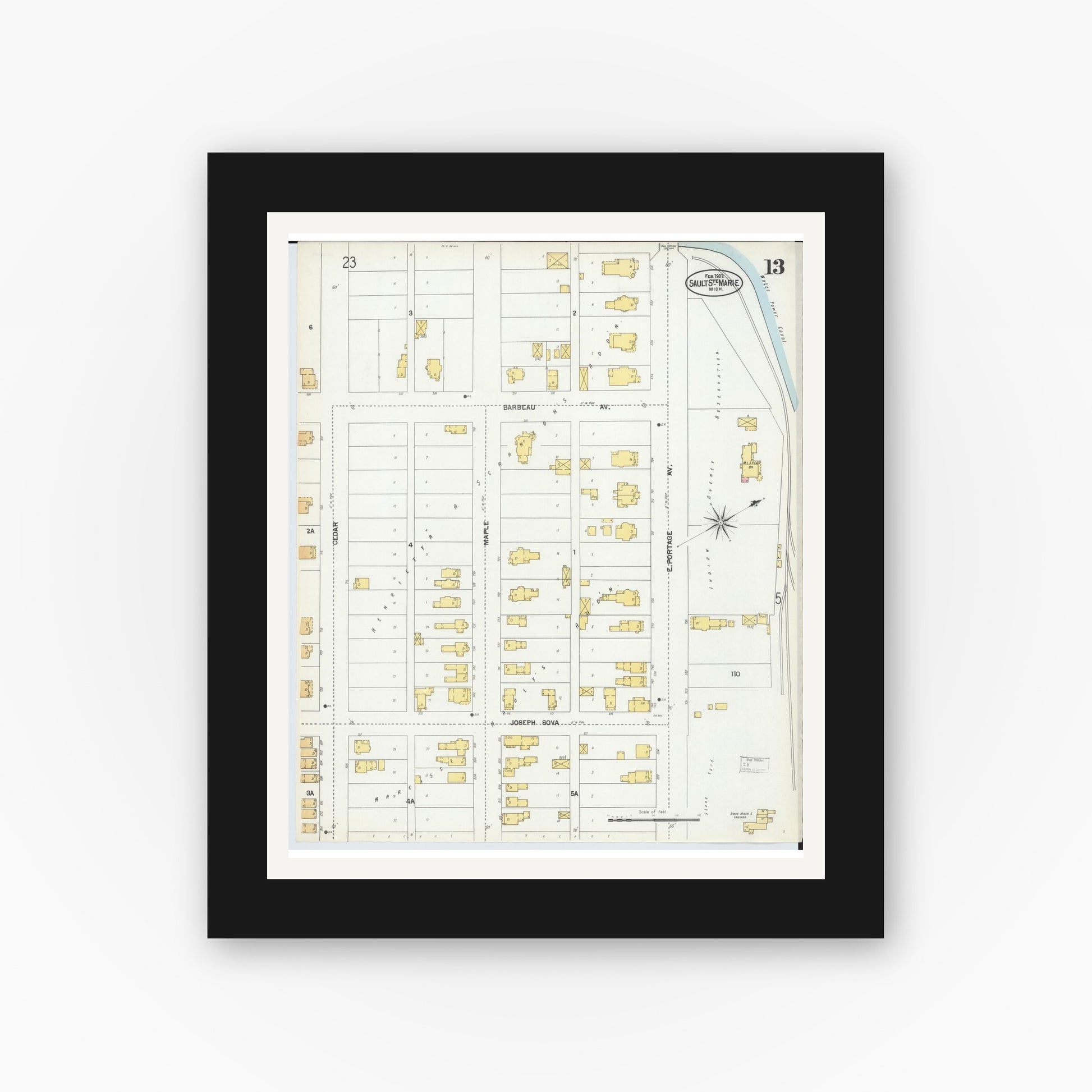Old map wall art mockup — black gallery frame with white mat — Sanborn Fire Insurance Map from Sault Sainte Marie, Chippewa County, Michigan (1902), Sheet #0013