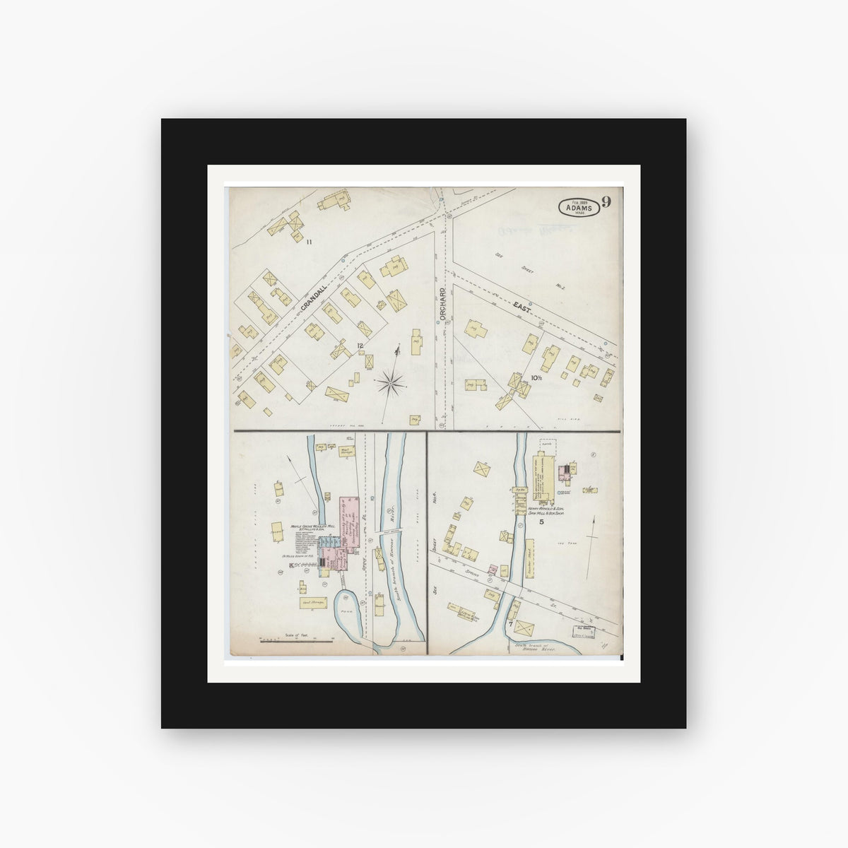 Old map wall art mockup — black gallery frame with white mat — Sanborn Fire Insurance Map from Adams, Berkshire County, Massachusetts (1889), Sheet #0009