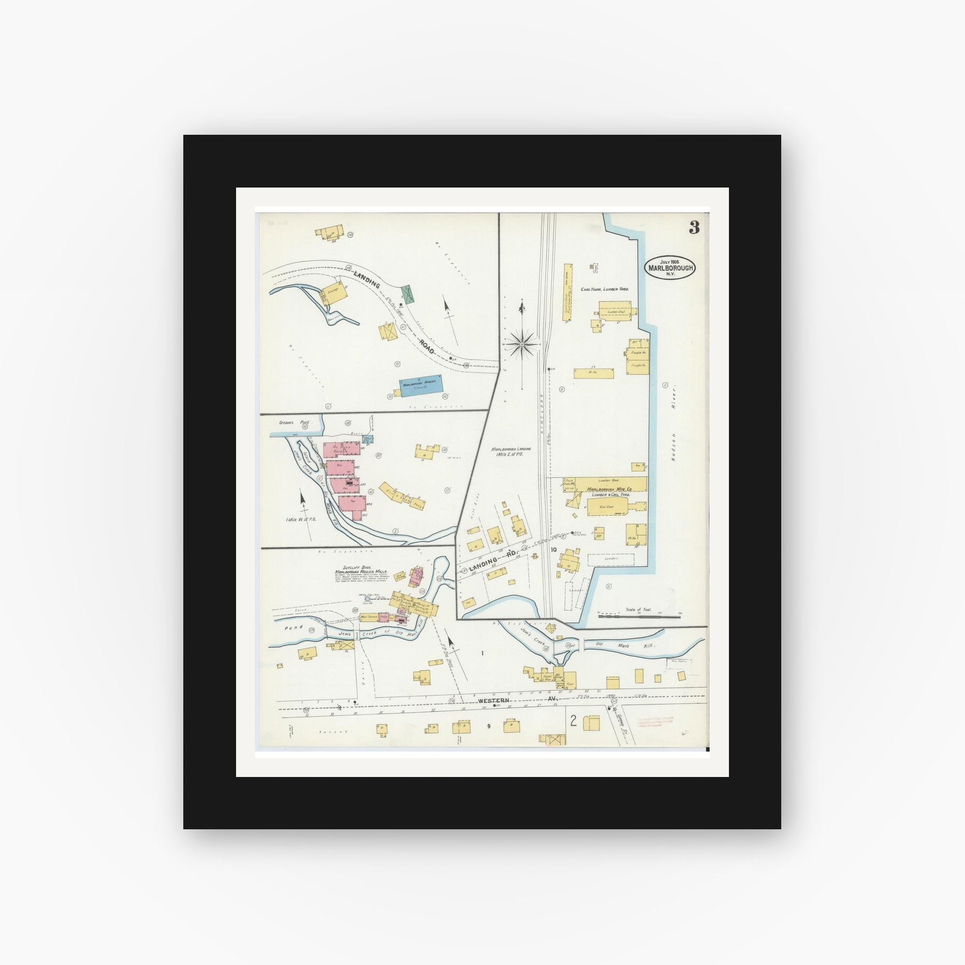 Old map wall art mockup — black gallery frame with white mat — Sanborn Fire Insurance Map from Marlborough, Ulster County, New York (1905), Sheet #0003
