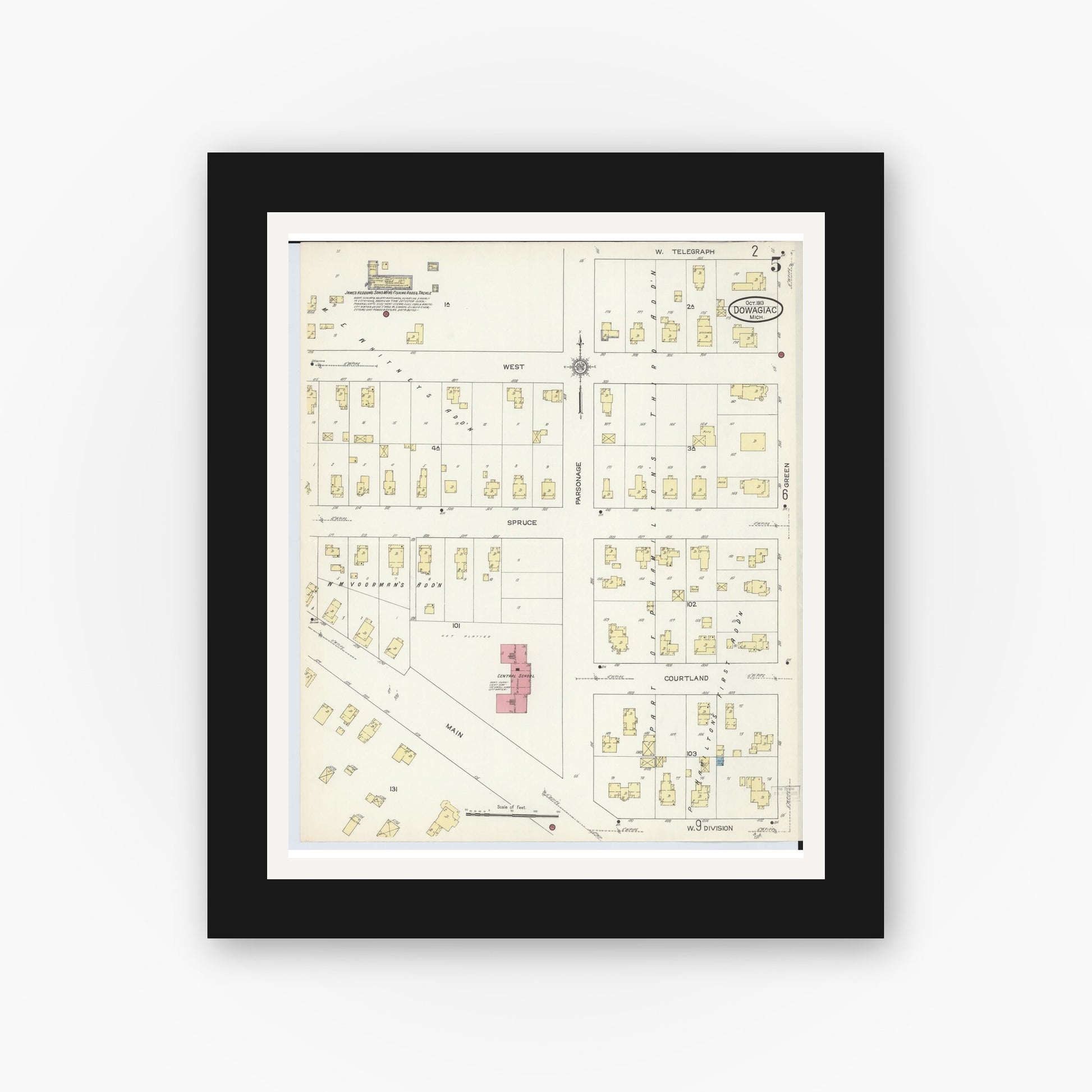 Old map wall art mockup — black gallery frame with white mat — Sanborn Fire Insurance Map from Dowagiac, Cass County, Michigan (1913), Sheet #0005