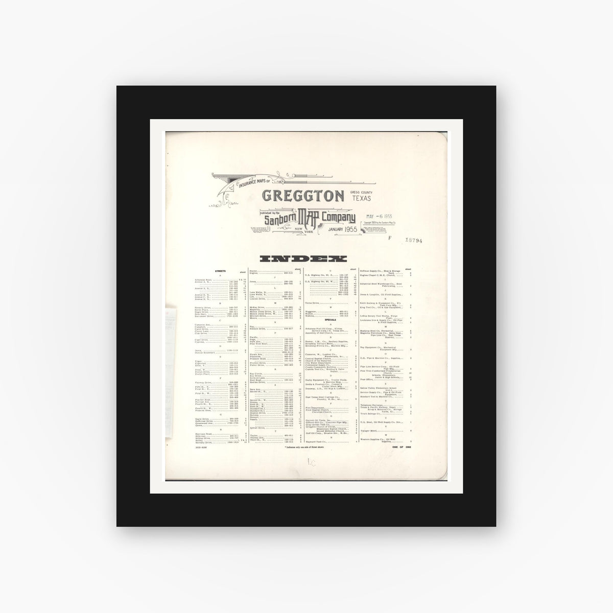 Old map wall art mockup — black gallery frame with white mat — Sanborn Fire Insurance Map from Greggton, Gregg County, Texas (1955), Sheet #0001