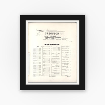 Old map wall art mockup — black gallery frame with white mat — Sanborn Fire Insurance Map from Greggton, Gregg County, Texas (1955), Sheet #0001