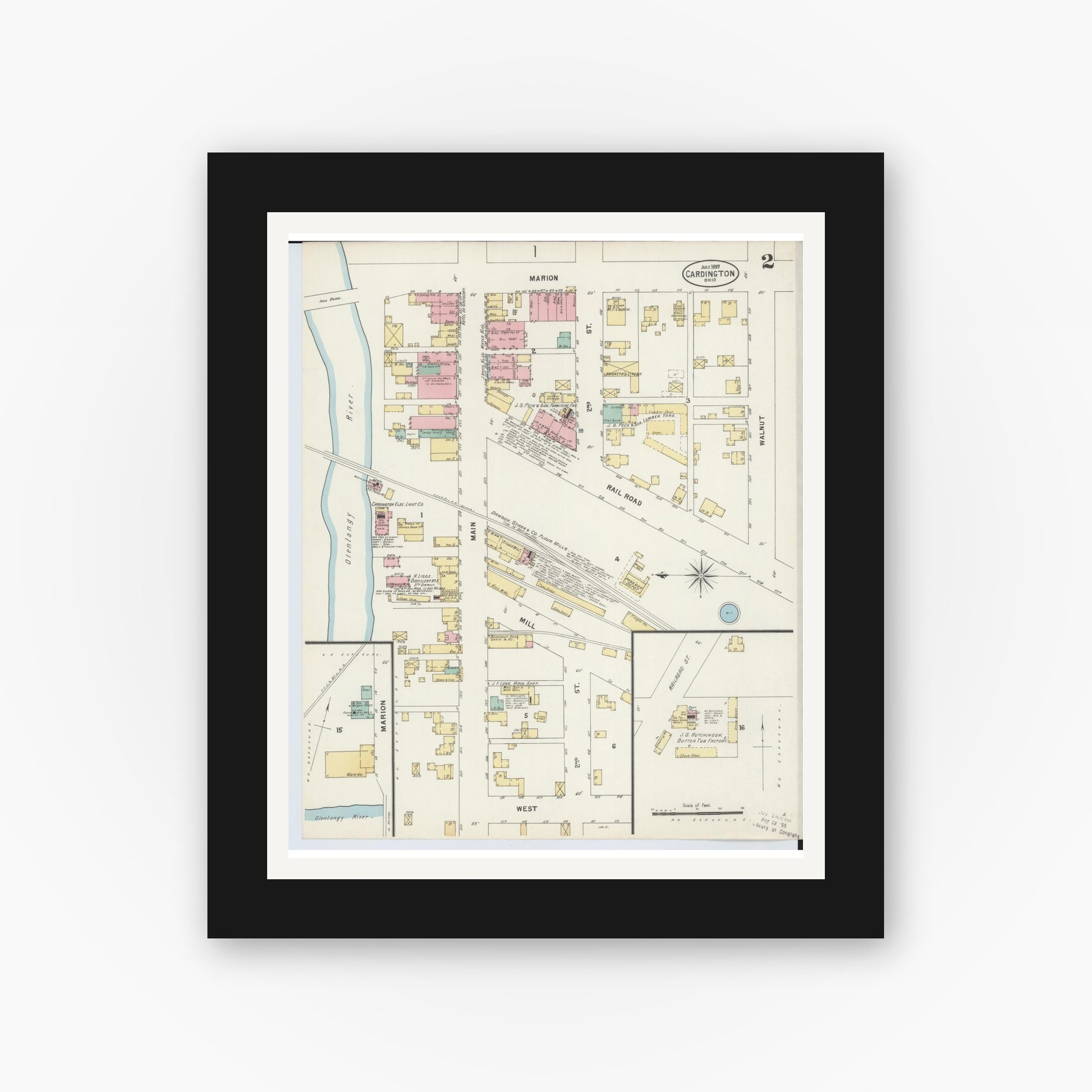 Old map wall art mockup — black gallery frame with white mat — Sanborn Fire Insurance Map from Cardington, Morrow County, Ohio (1897), Sheet #0002