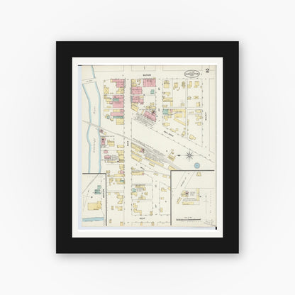 Old map wall art mockup — black gallery frame with white mat — Sanborn Fire Insurance Map from Cardington, Morrow County, Ohio (1897), Sheet #0002