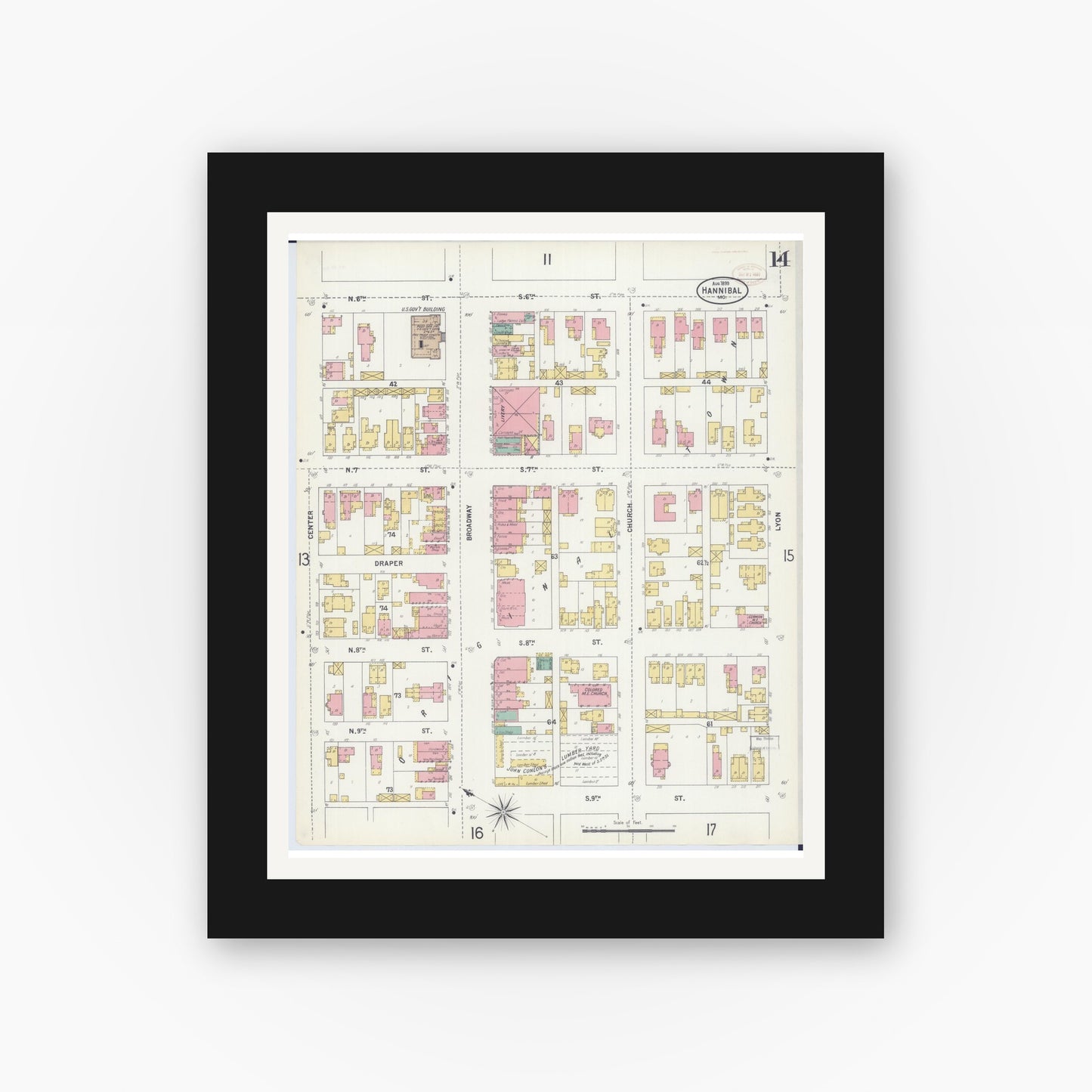 Old map wall art mockup — black gallery frame with white mat — Sanborn Fire Insurance Map from Hannibal, Marion County, Missouri (1899), Sheet #0014