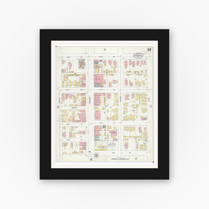 Old map wall art mockup — black gallery frame with white mat — Sanborn Fire Insurance Map from Hannibal, Marion County, Missouri (1899), Sheet #0014