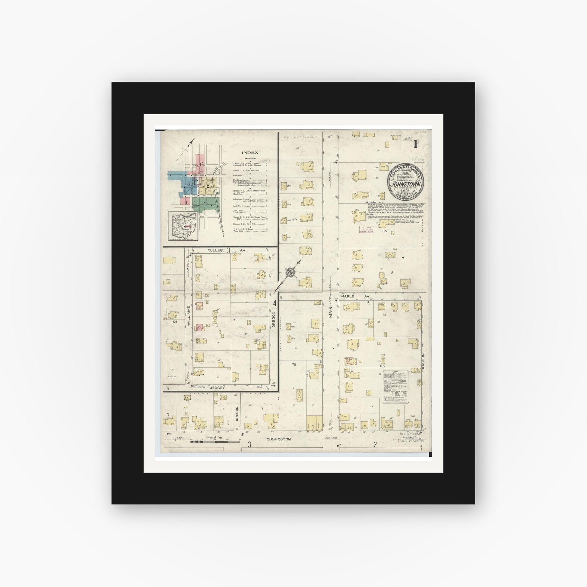 Old map wall art mockup — black gallery frame with white mat — Sanborn Fire Insurance Map from Johnstown, Licking County, Ohio (1913) - Complete Map Set