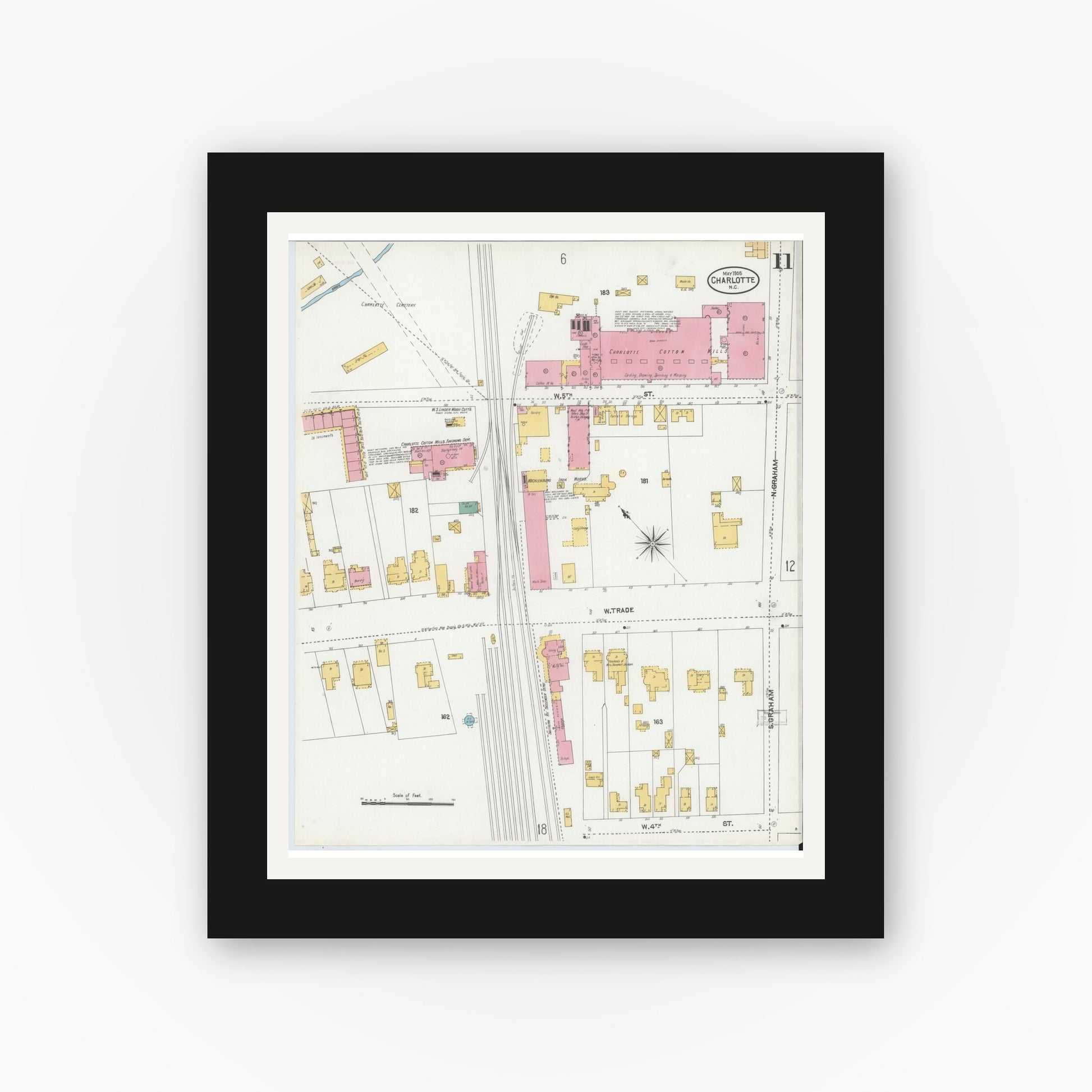 Old map wall art mockup — black gallery frame with white mat — Sanborn Fire Insurance Map from Charlotte, Mecklenburg County, North Carolina (1905), Sheet #0011